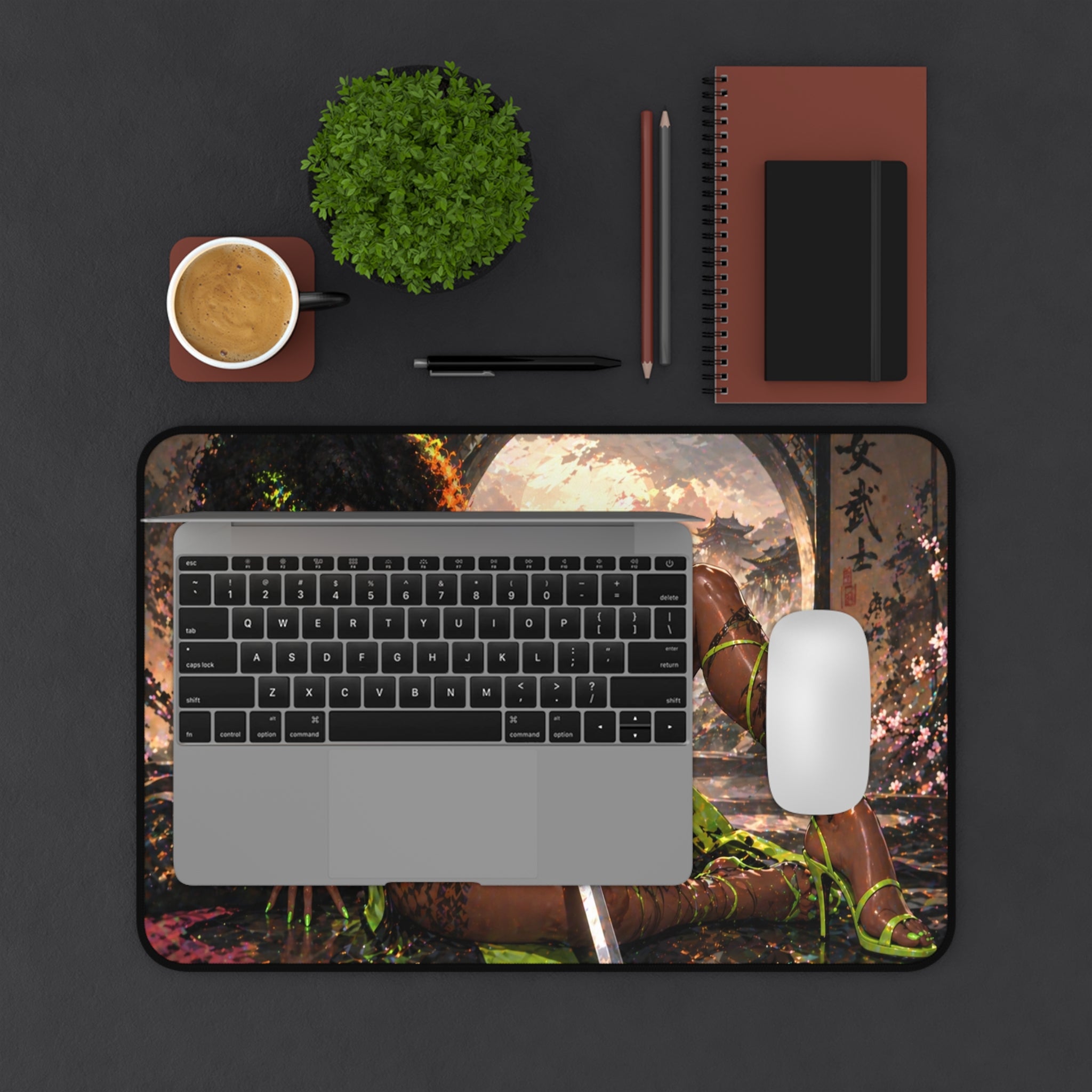 Fantasy Warrior Desk Mat — Green Samurai Swordmaid Gaming Mouse Pad