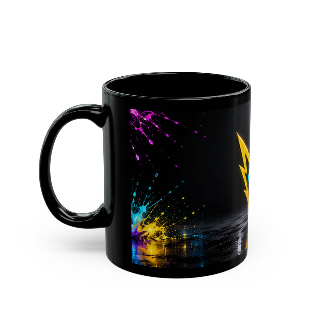 Rebel74 Emblem Black Mug - Neon Lightning Splash Cup