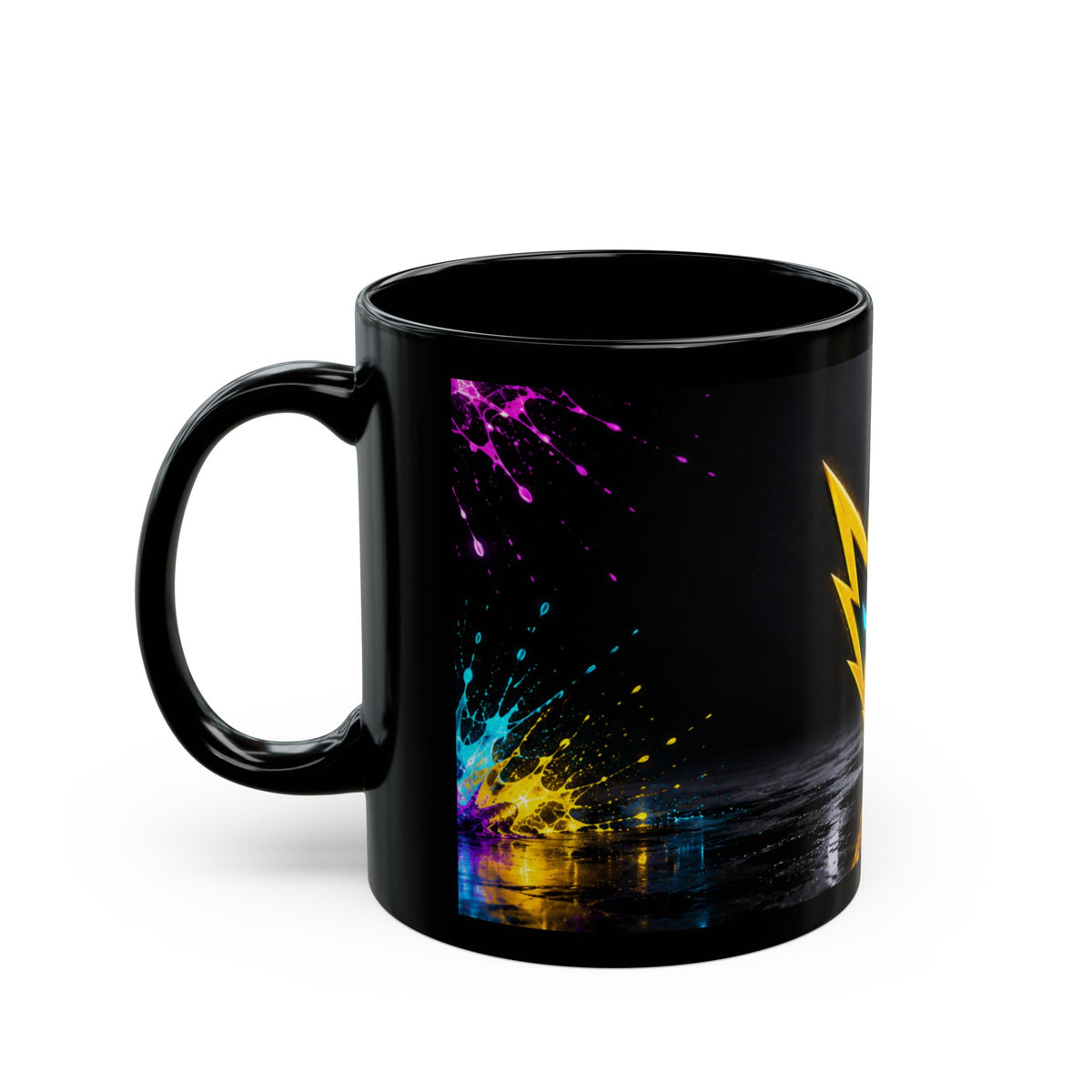 Rebel74 Emblem Black Mug - Neon Lightning Splash Cup