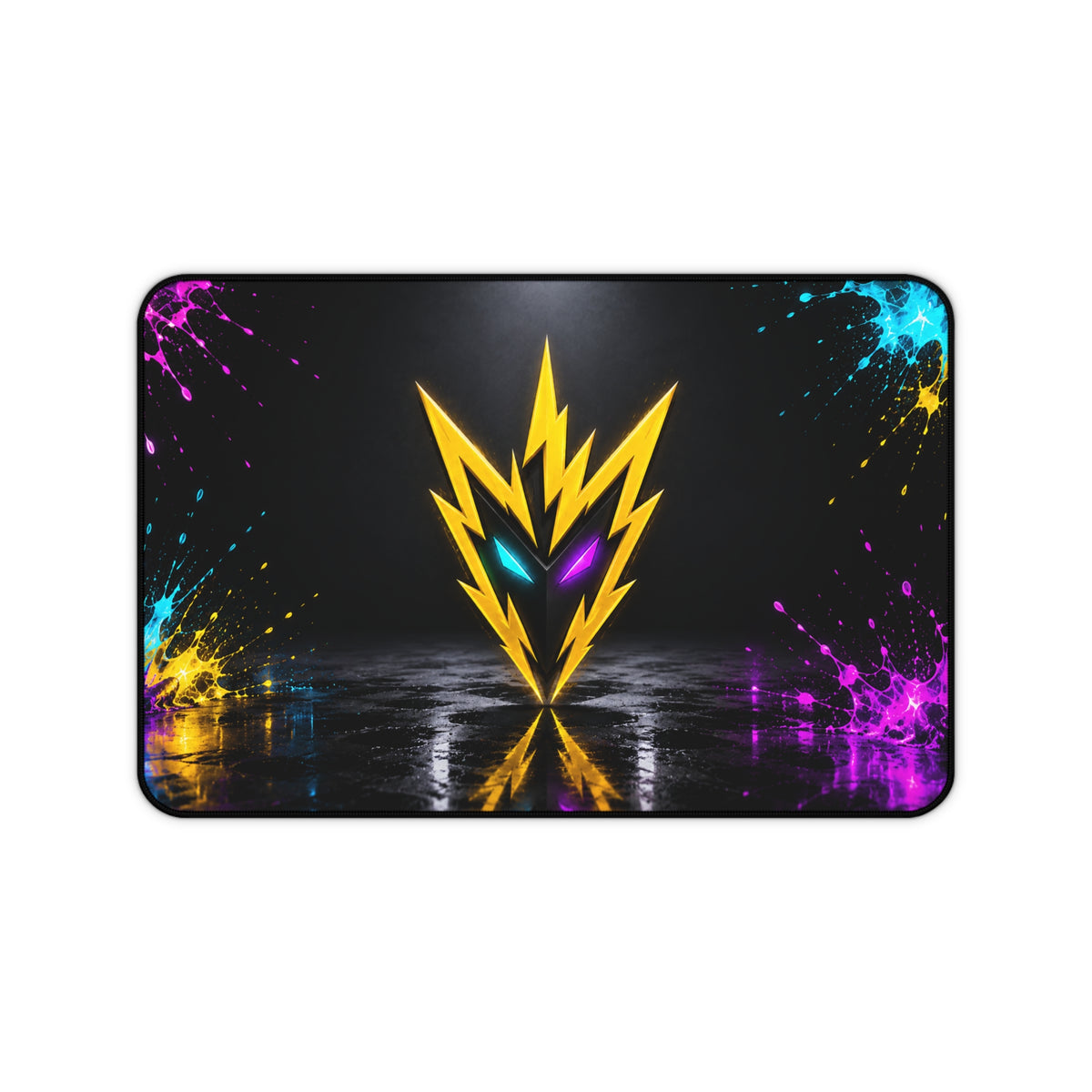 Rebel74 Gaming Desk Mat — Neon Lightning Emblem with Color Splash