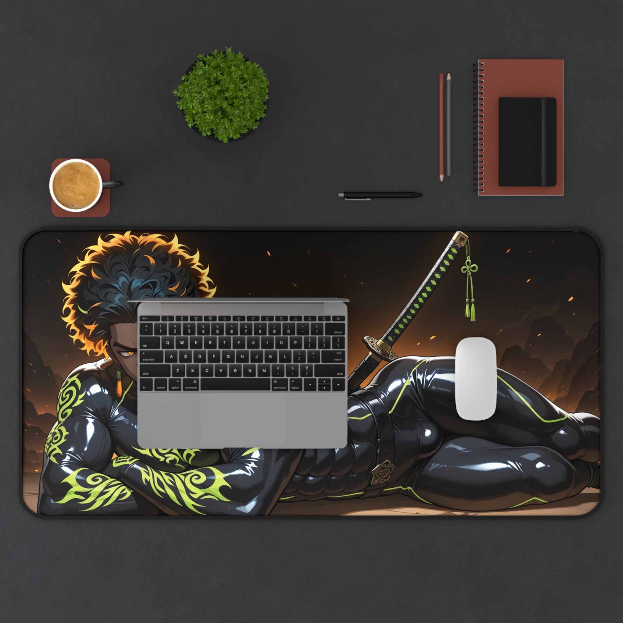 Tattooed Warrior Desk Mat — Anime Samurai Gaming Mouse Pad
