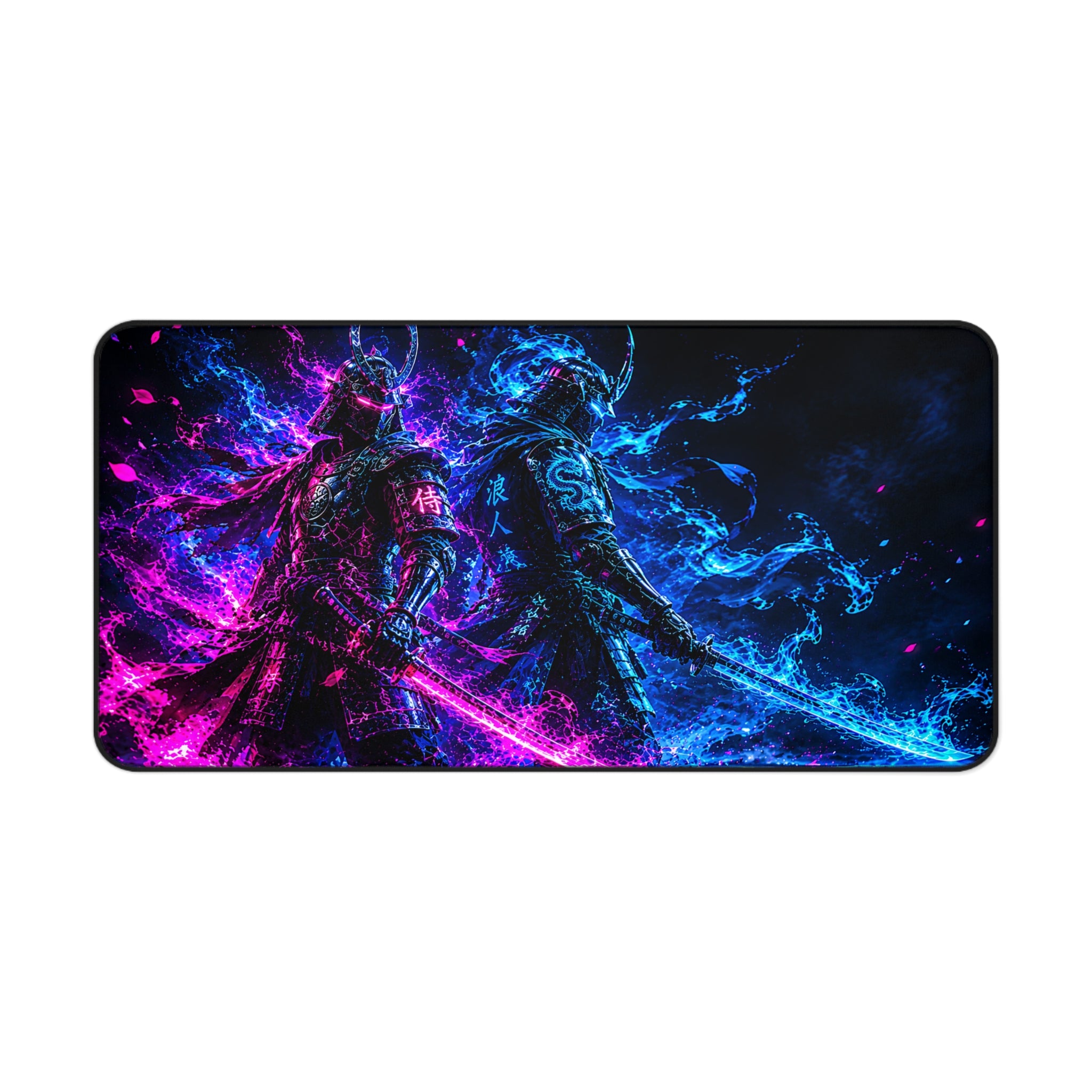 Neon Samurai Desk Mat – Blue & Pink Vaporwave Gaming Mouse Pad