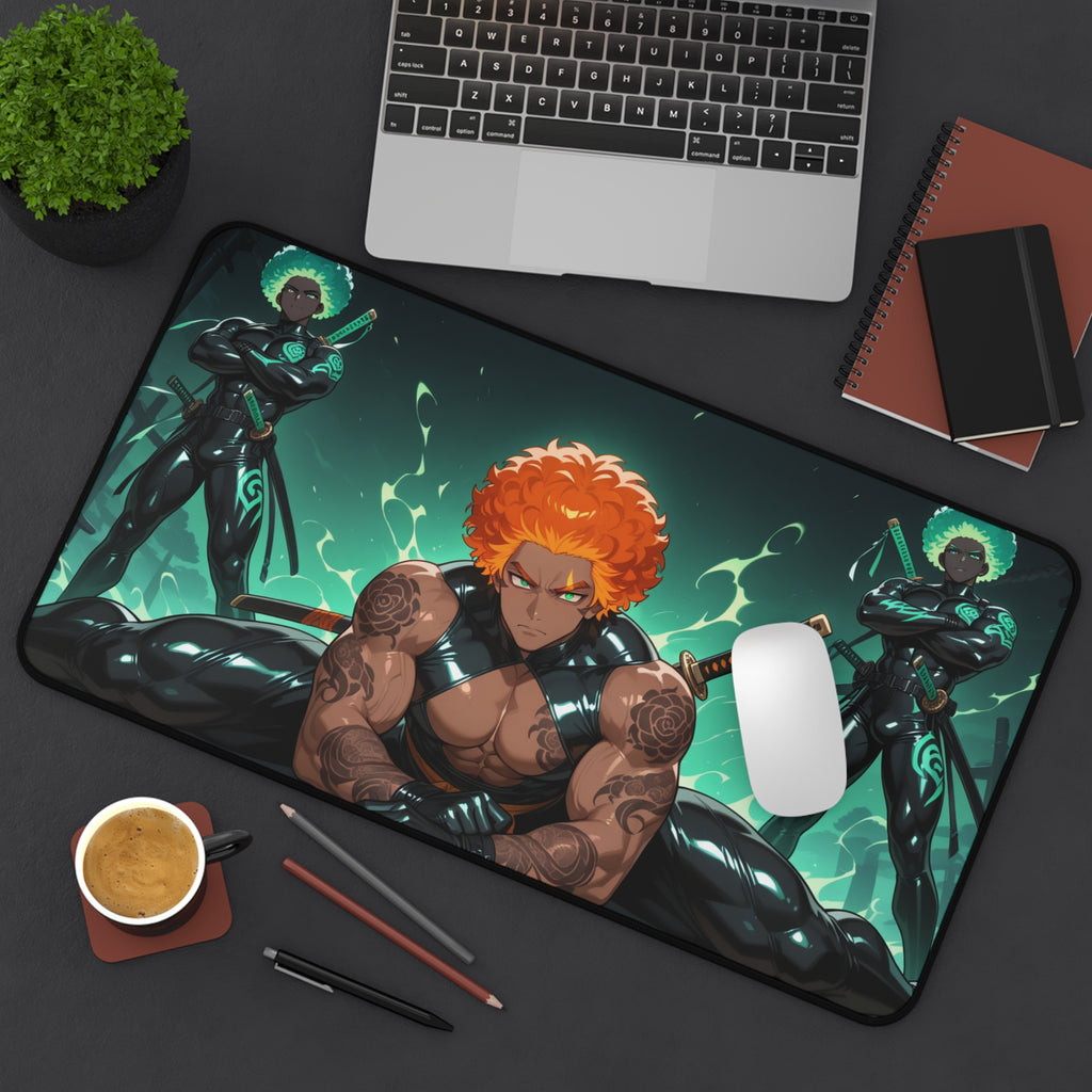 Anime Warrior Desk Mat — Muscular Swordsman Gaming Mouse Pad