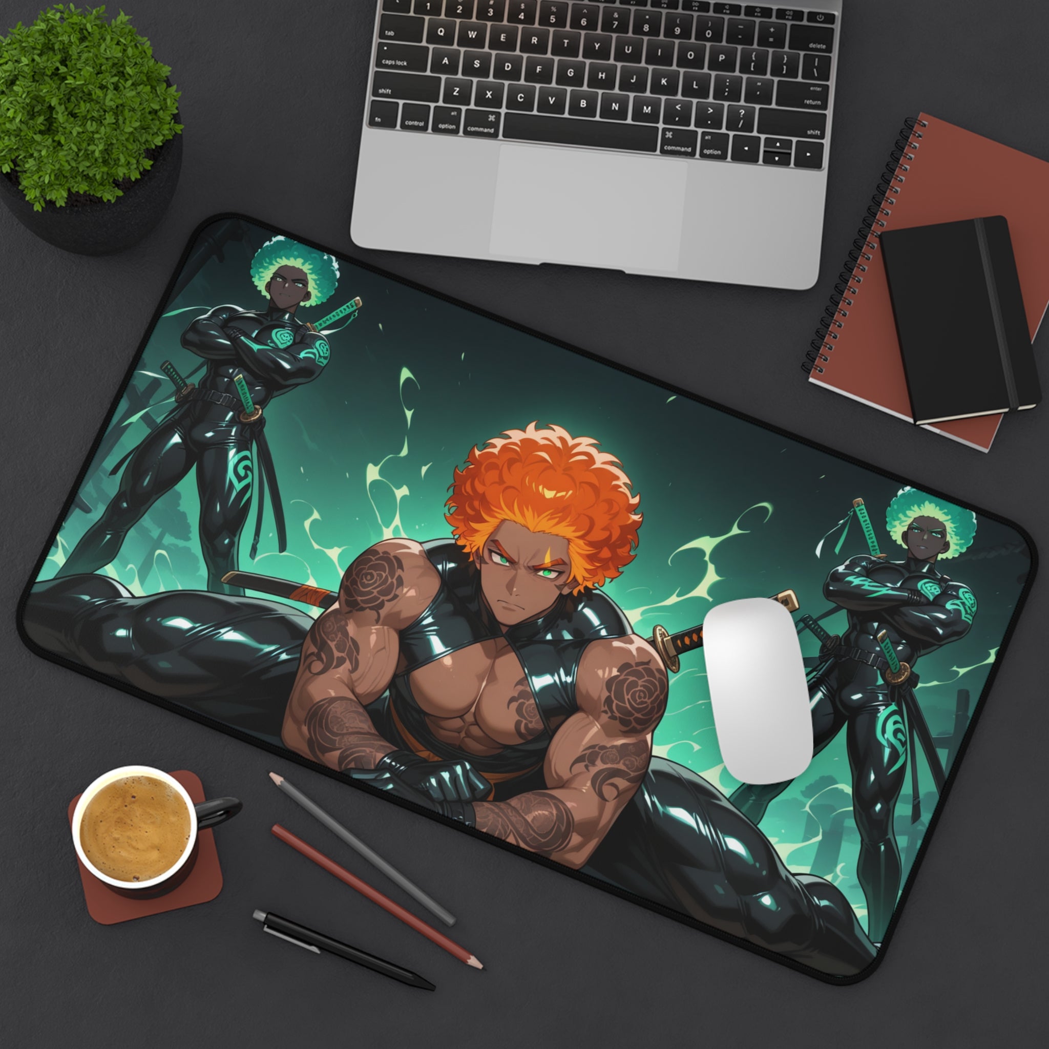 Anime Warrior Desk Mat — Muscular Swordsman Gaming Mouse Pad