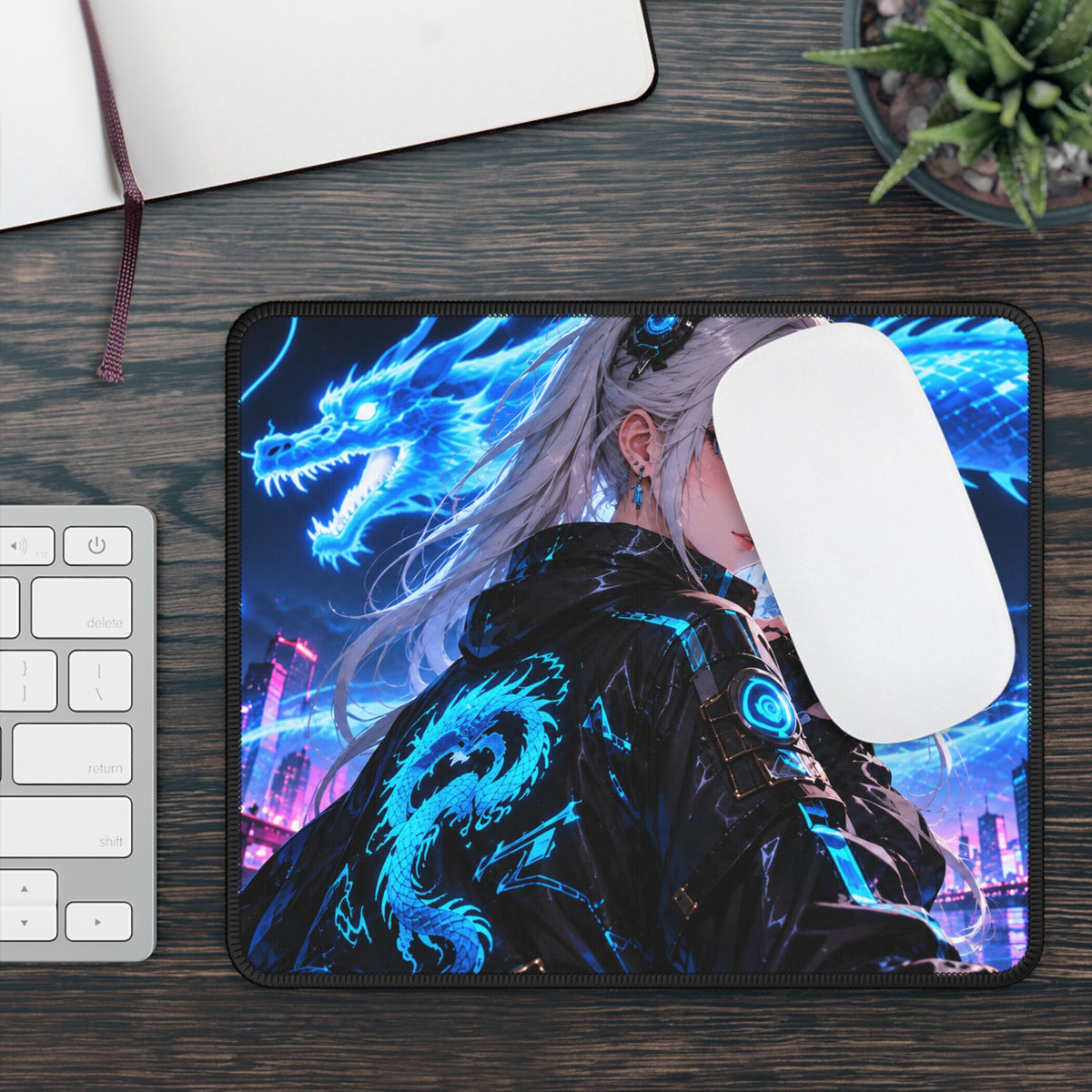 Neon Cyberpunk Girl with Blue Dragon Mouse Pad