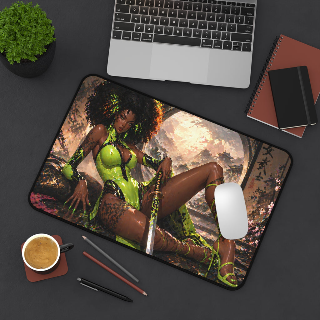 Fantasy Warrior Desk Mat — Green Samurai Swordmaid Gaming Mouse Pad
