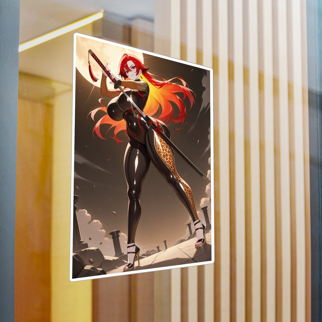 Anime Girl Warrior Vinyl Sticker — Red-Haired Swordfighter Kiss-Cut Decal