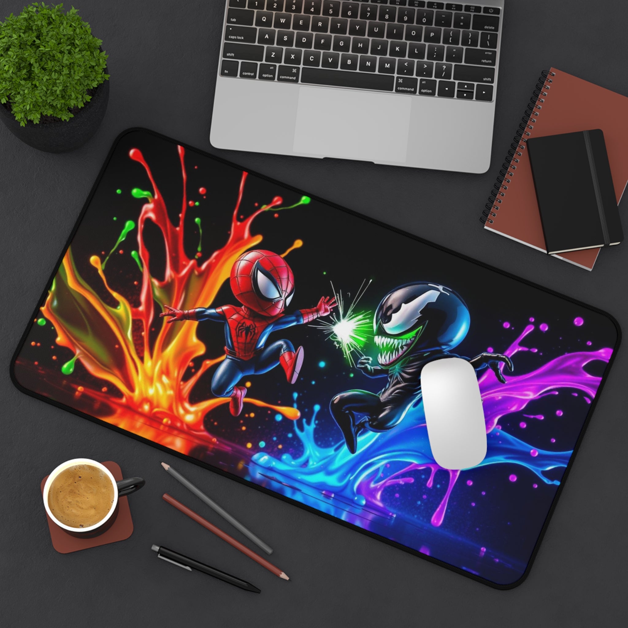 Spiderman vs Venom Desk Mat, Epic Paint Splash Design for Gamers & Fans