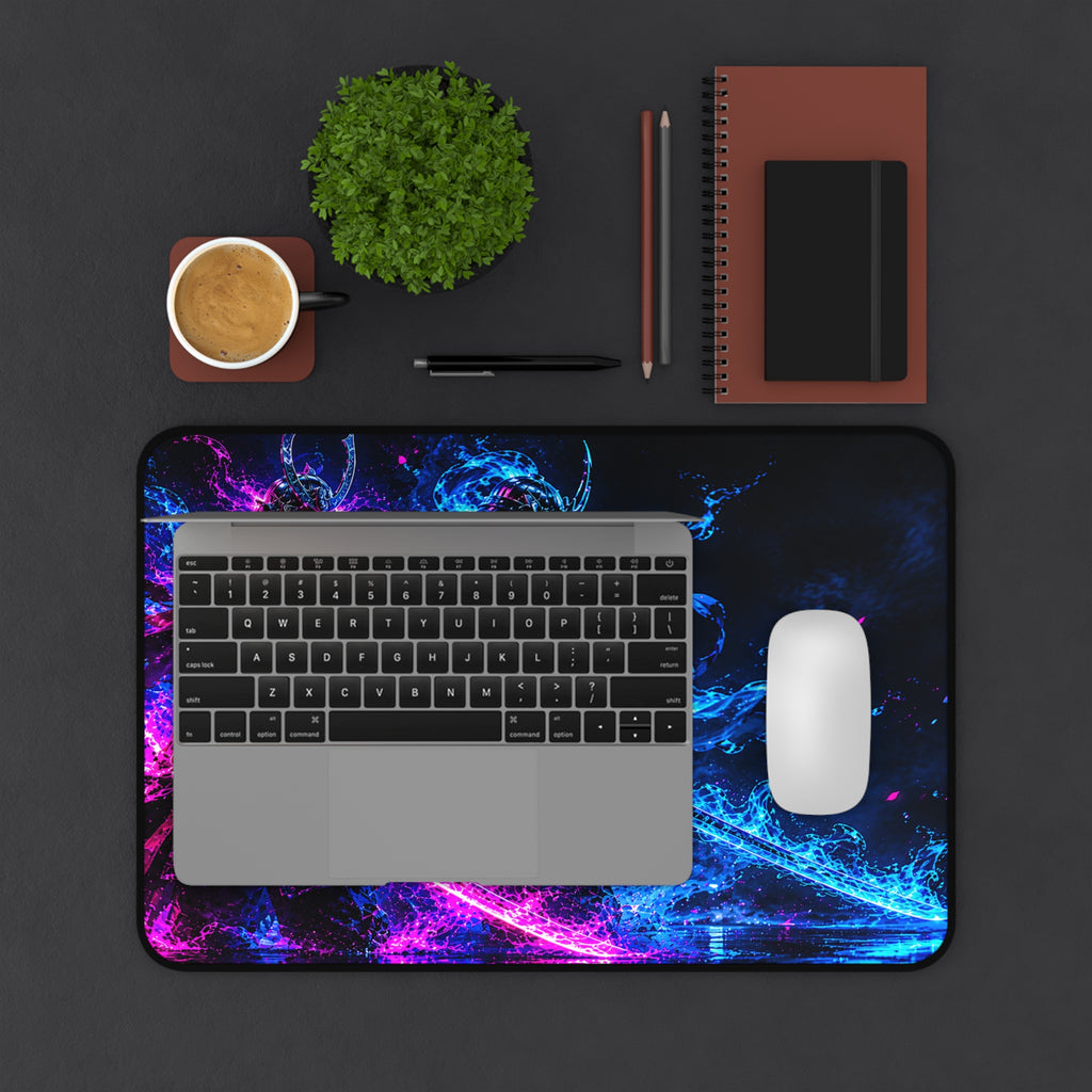 Neon Samurai Desk Mat – Blue & Pink Vaporwave Gaming Mouse Pad