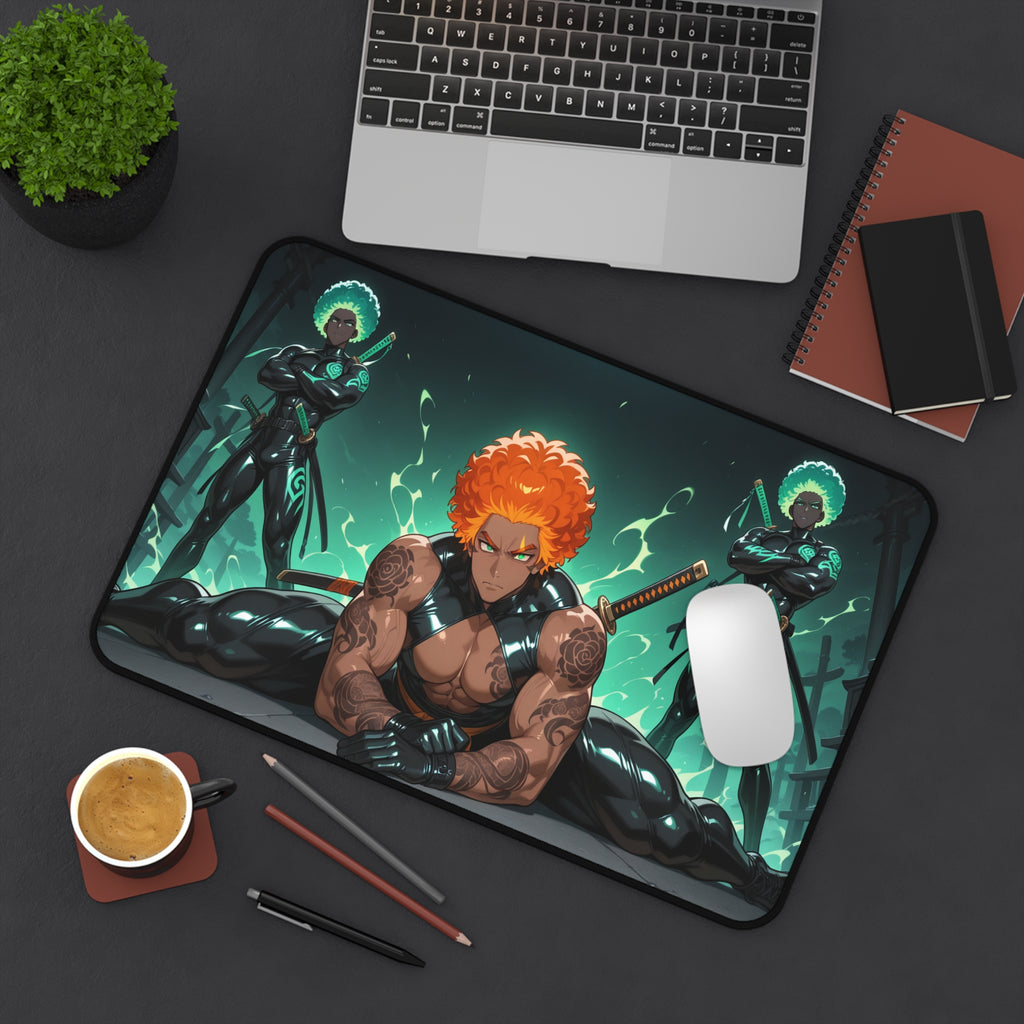 Anime Warrior Desk Mat — Muscular Swordsman Gaming Mouse Pad
