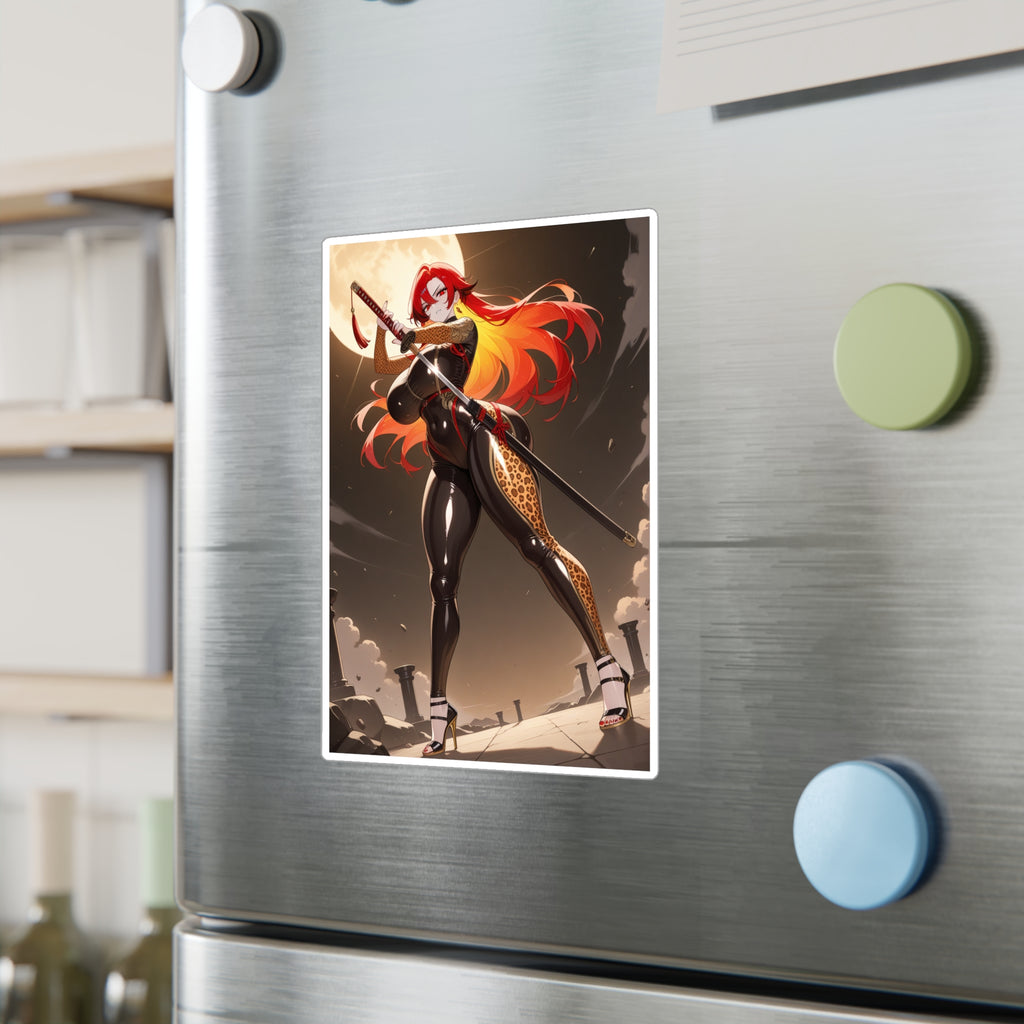 Anime Girl Warrior Vinyl Sticker — Red-Haired Swordfighter Kiss-Cut Decal
