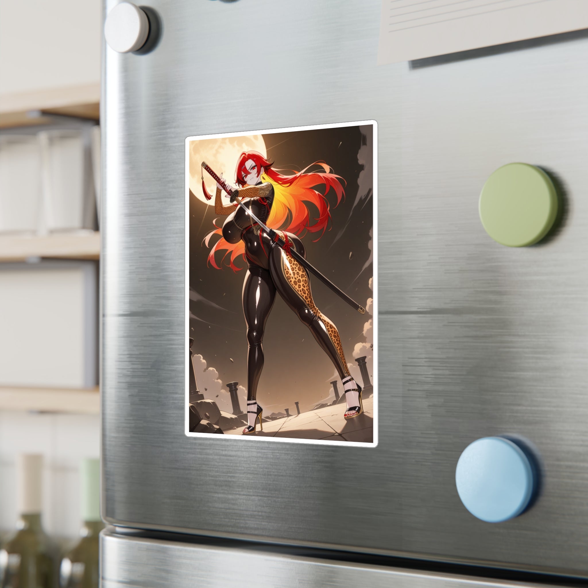 Anime Girl Warrior Vinyl Sticker — Red-Haired Swordfighter Kiss-Cut Decal