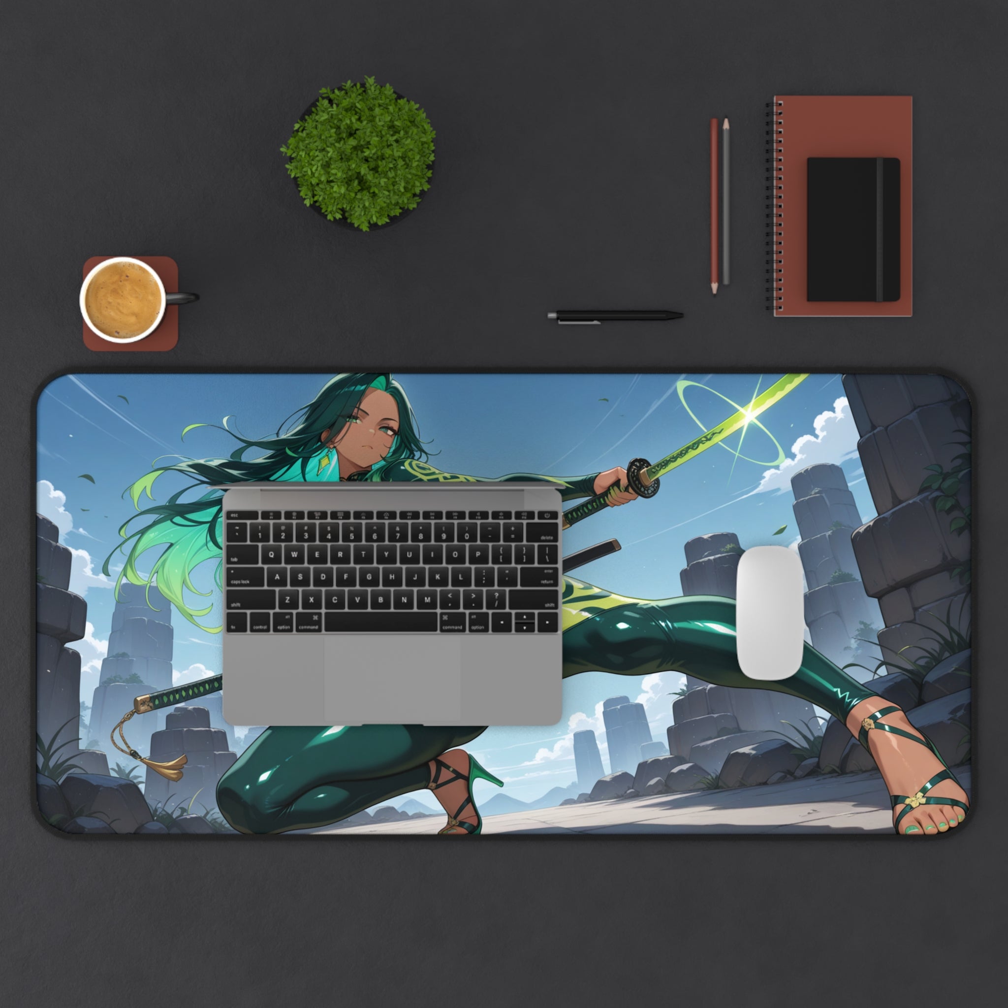 Anime Waifu Warrior Desk Mat, Gaming Mouse Pad with Non-Slip Neoprene Base