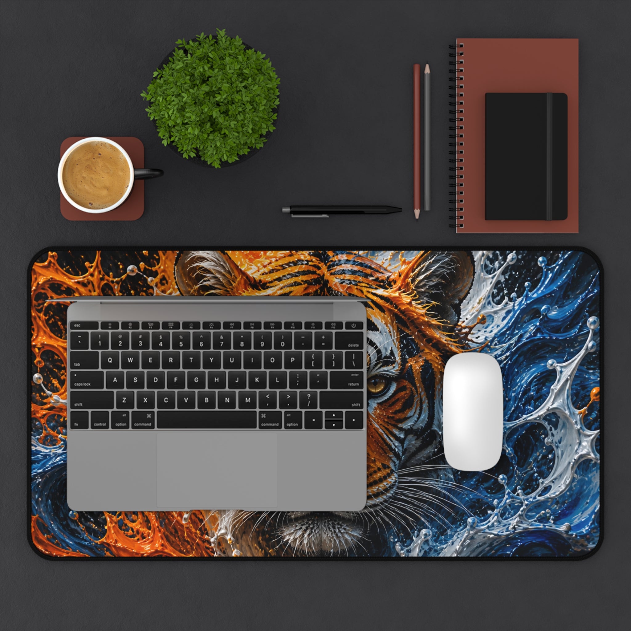 Tiger Fire & Water Desk Mat — Vibrant Animal Print Mouse Pad for Home and Office