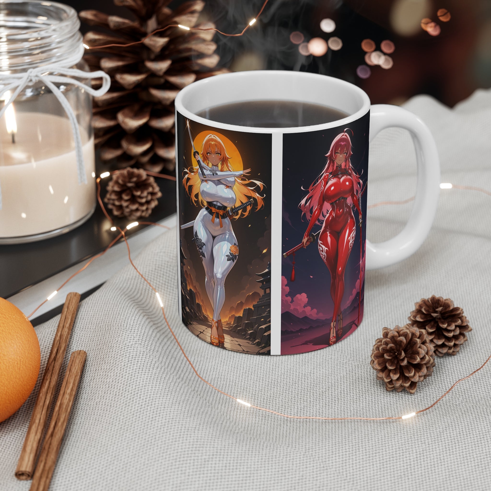 Anime Girl Warrior Mug, Waifu Ceramic Coffee Cup for Otaku & Manga Fans