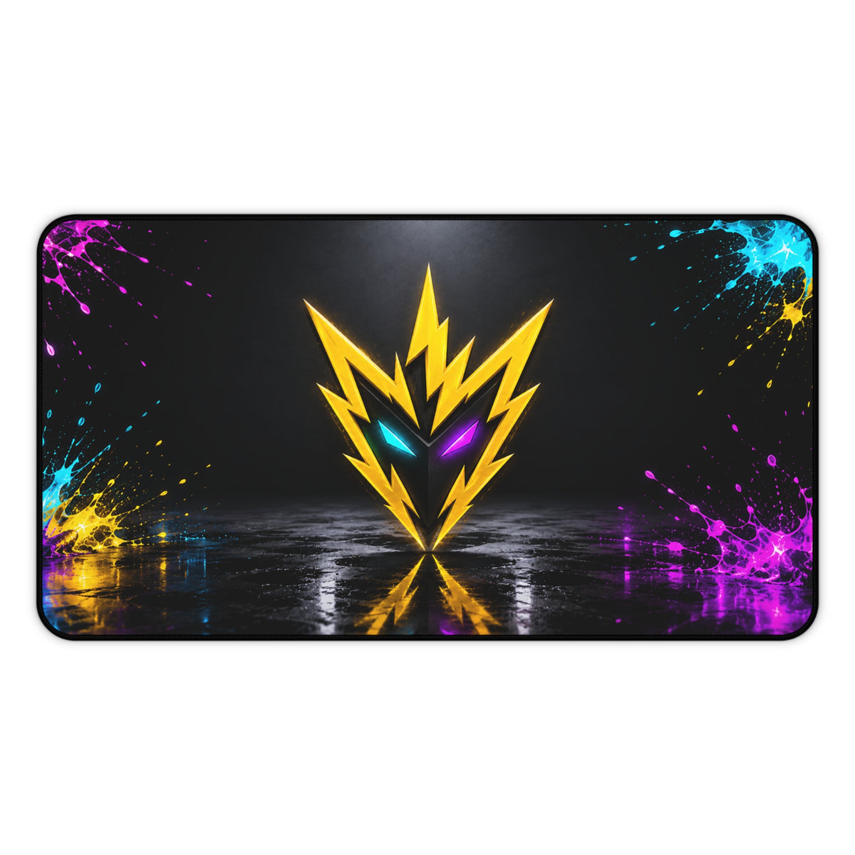Rebel74 Gaming Desk Mat — Neon Lightning Emblem with Color Splash