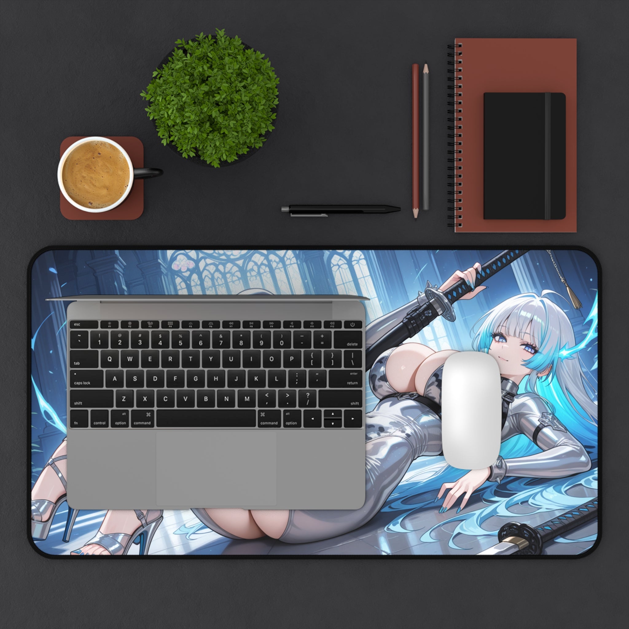 Anime Sword Girl Desk Mat — Sexy Cyber Kunoichi Gaming Mousepad