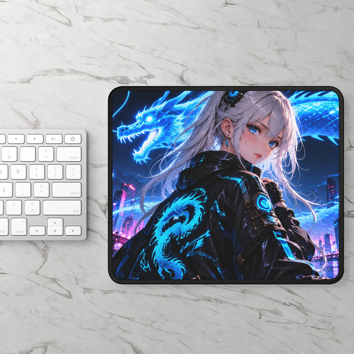 Neon Cyberpunk Girl with Blue Dragon Mouse Pad