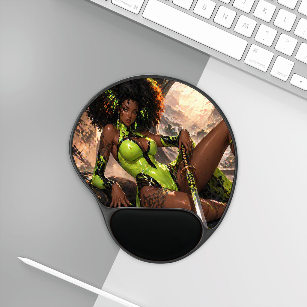 Afro Warrior Mouse Pad with Ergonomic Wrist Rest — Green Fantasy Gamer Desk Mat