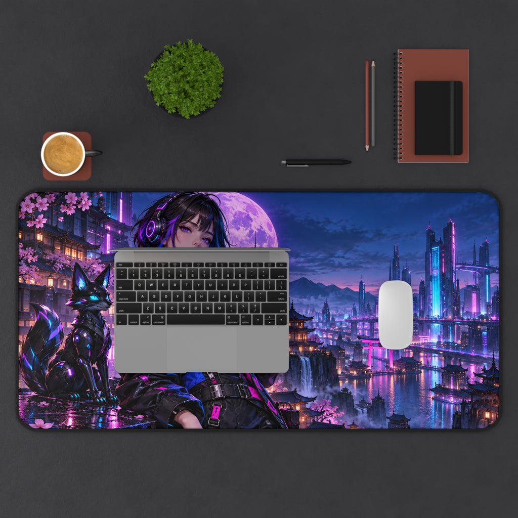 Anime Girl Gaming Desk Mat — Neon Moon & Cyber Fox