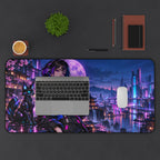 Anime Girl Gaming Desk Mat — Neon Moon & Cyber Fox
