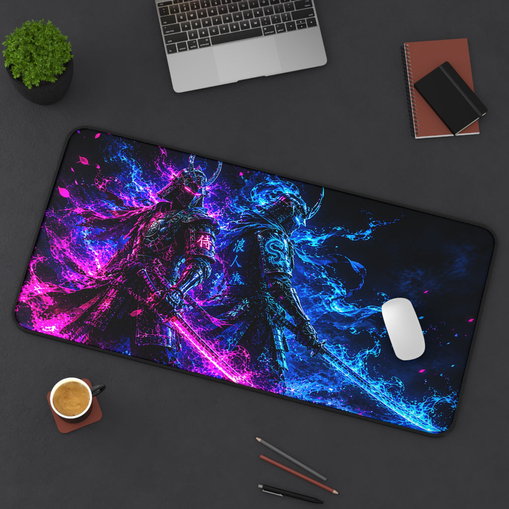 Neon Samurai Desk Mat – Blue & Pink Vaporwave Gaming Mouse Pad