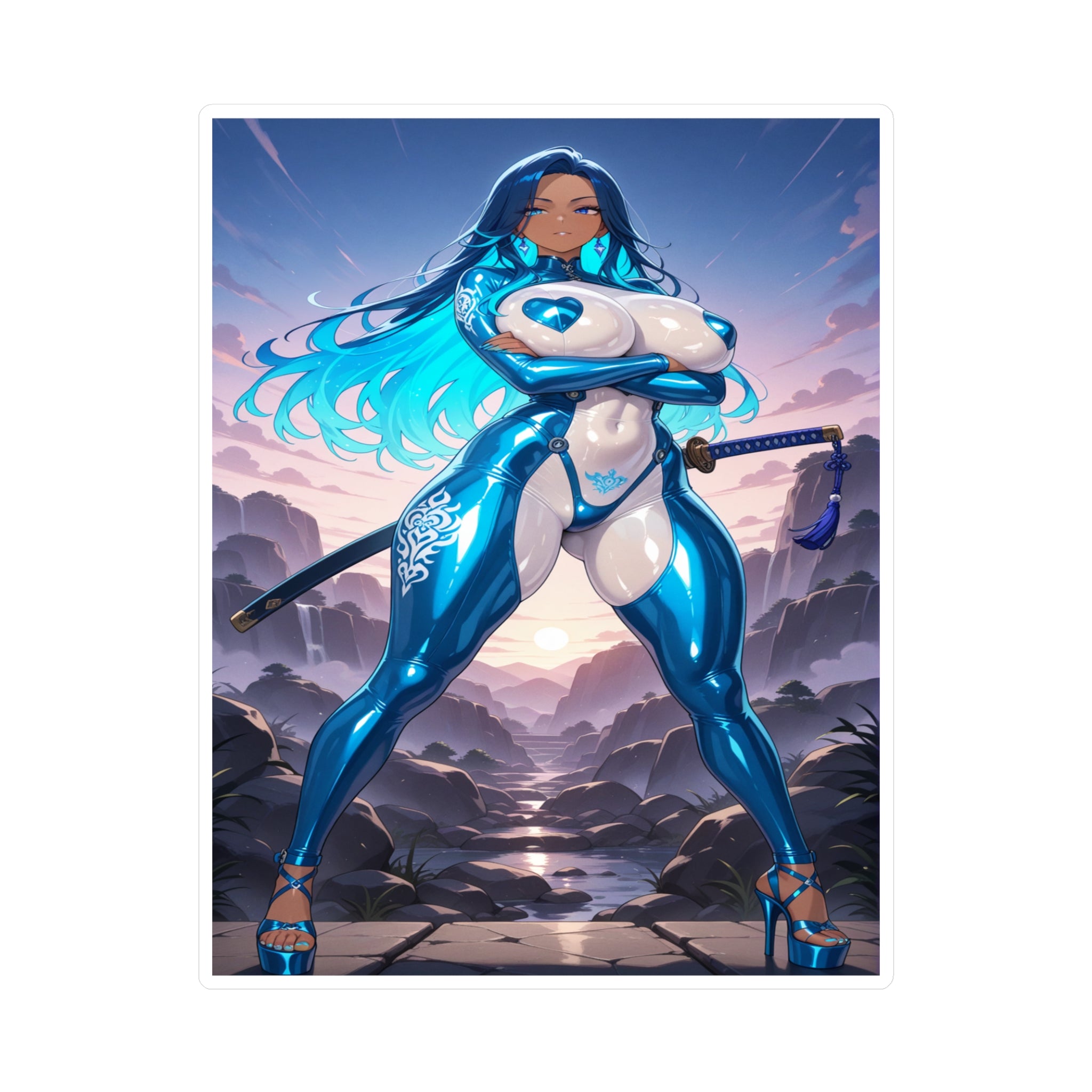 Anime Girl Warrior Vinyl Decal — Blue Neon Anime Sticker