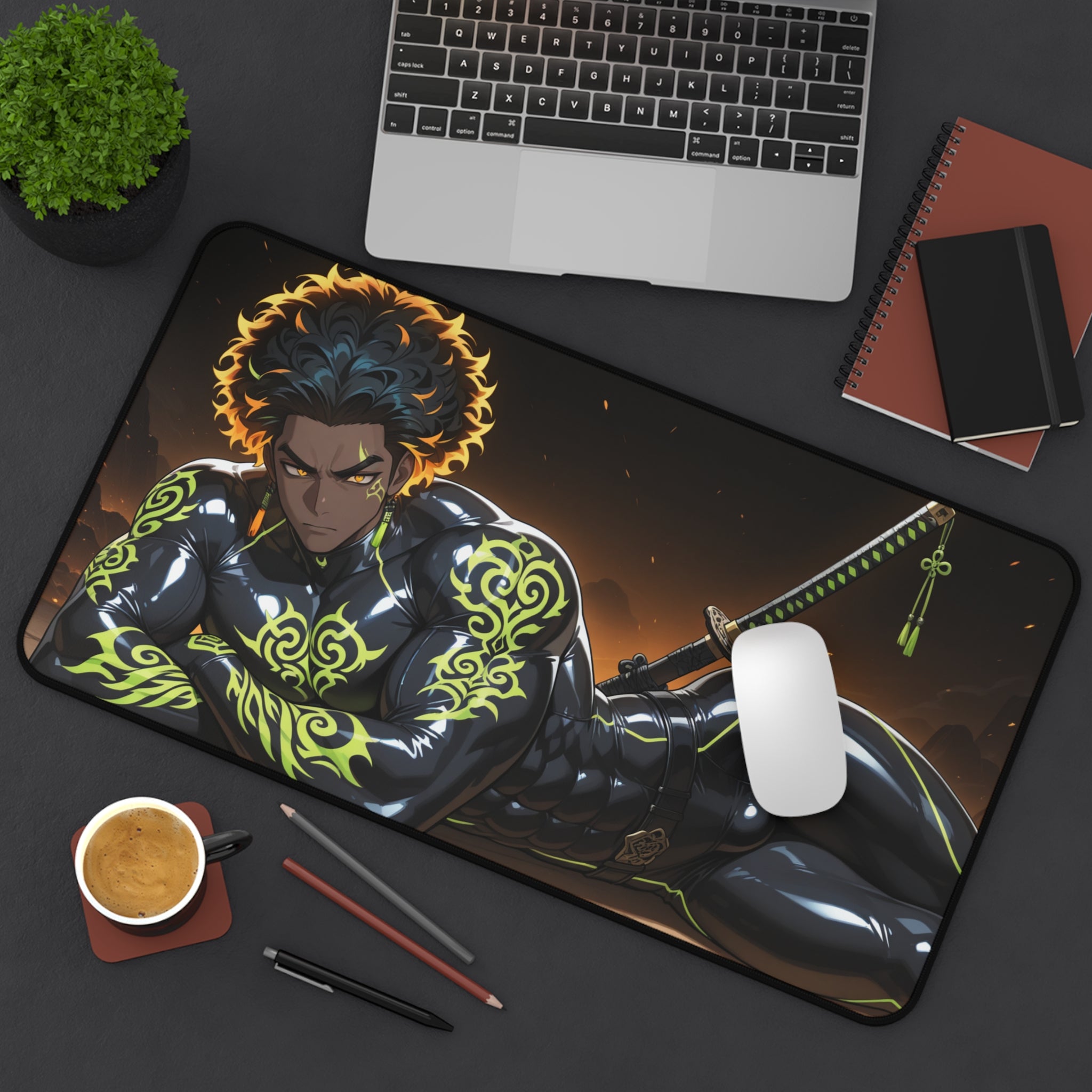 Tattooed Warrior Desk Mat — Anime Samurai Gaming Mouse Pad