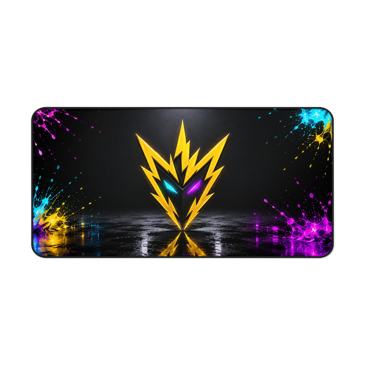 Rebel74 Gaming Desk Mat — Neon Lightning Emblem with Color Splash