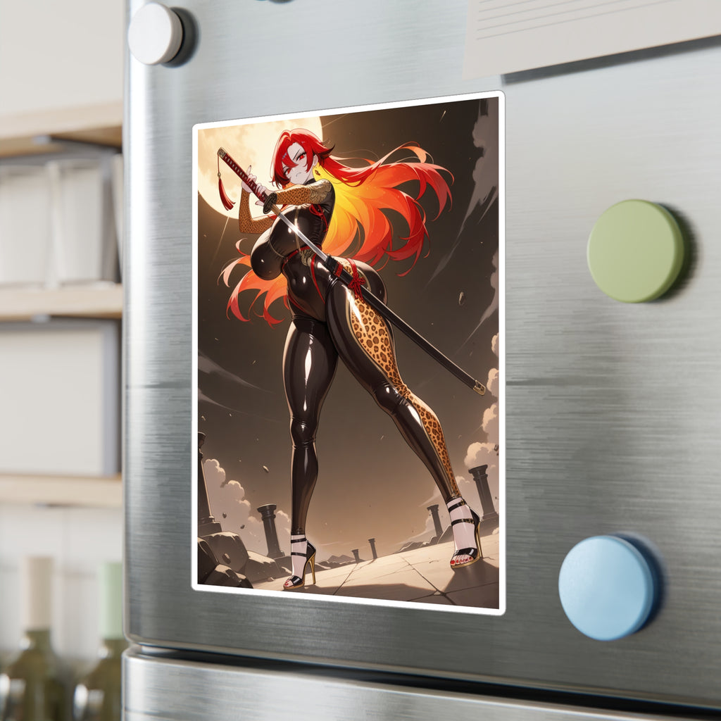 Anime Girl Warrior Vinyl Sticker — Red-Haired Swordfighter Kiss-Cut Decal