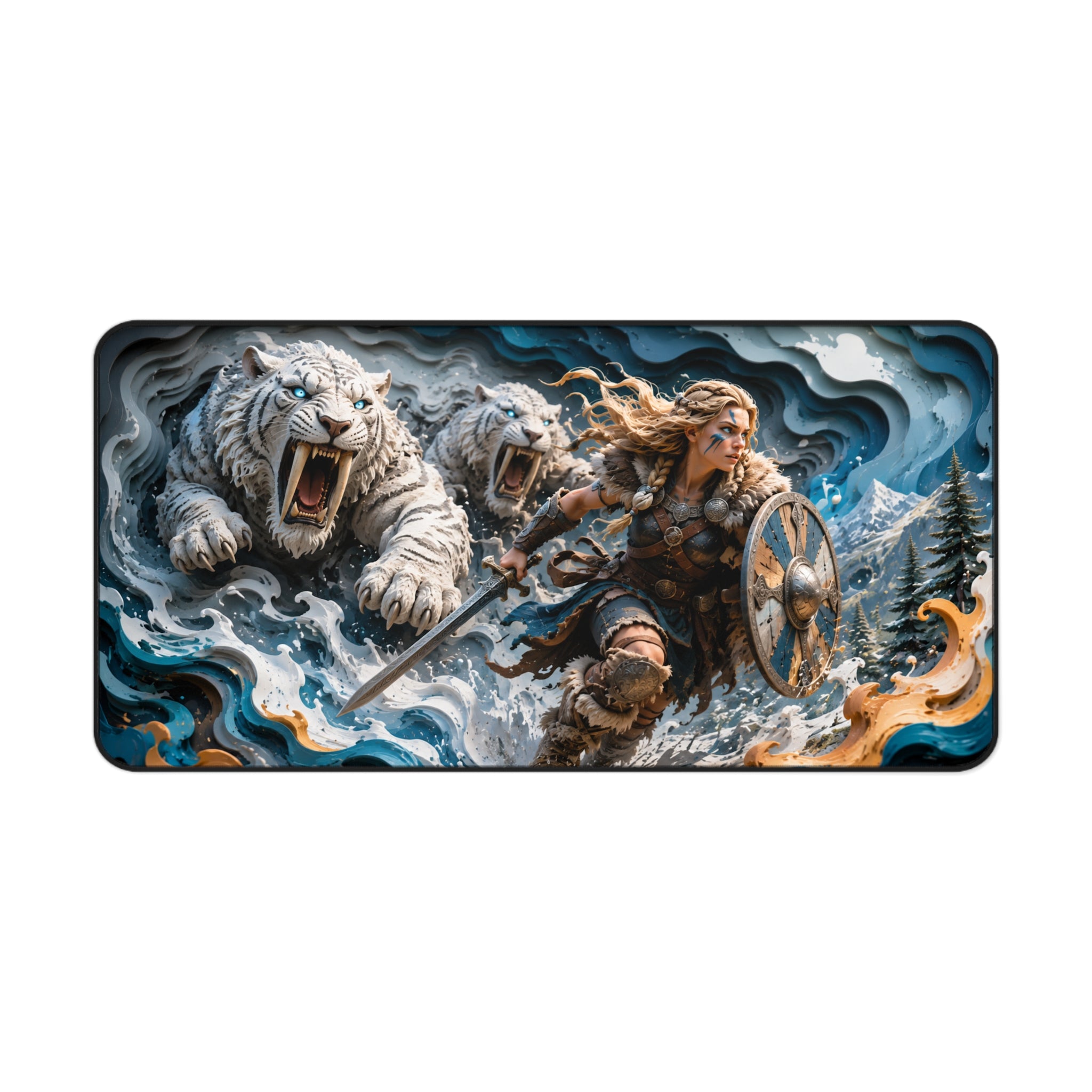 Nordic Warrior Anime Gaming Mouse Pad - Viking Shieldmaiden & White Tigers Desk Mat