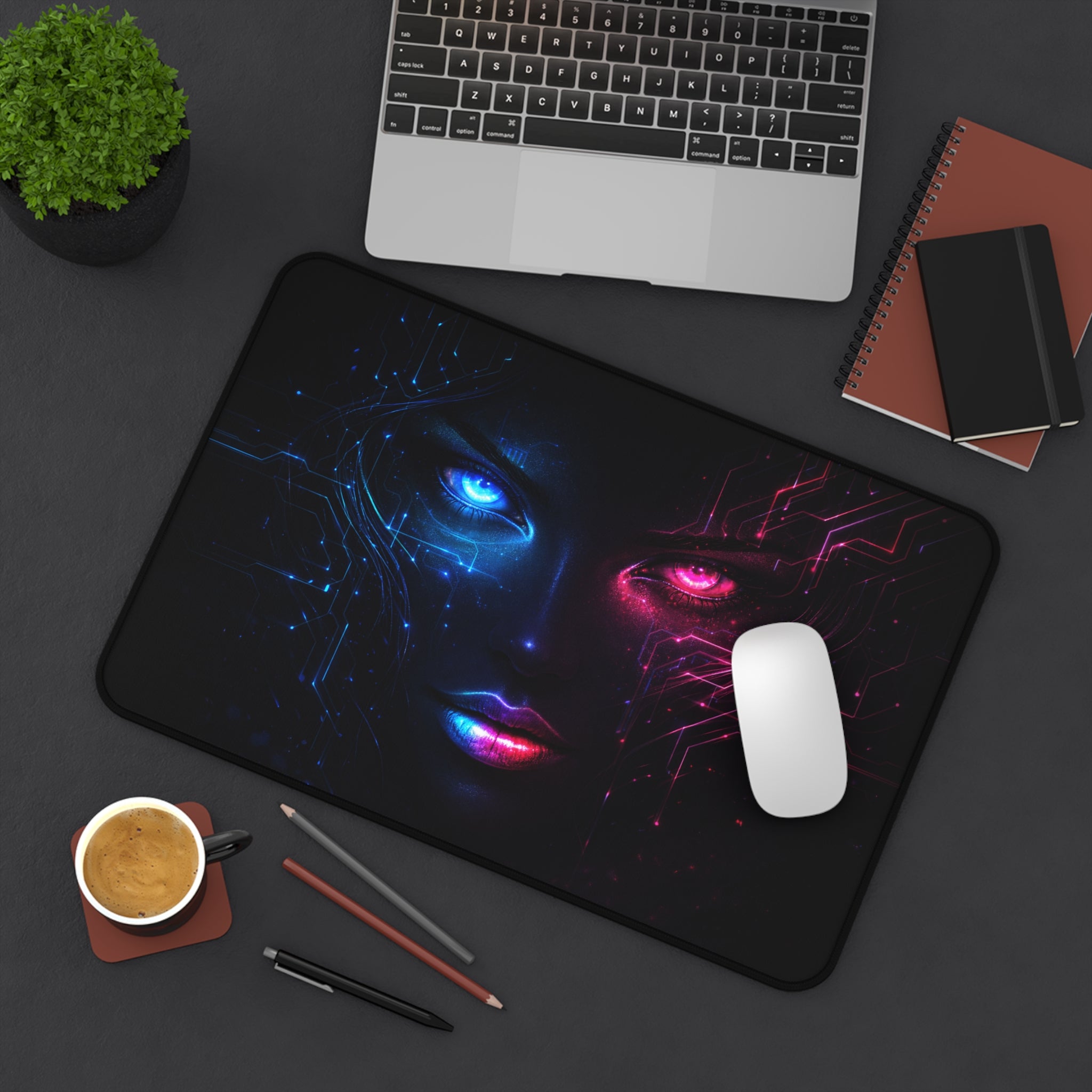 Neon cyborg in the shadows Desk Mat, XL Mousepad Non-slip for Gaming & Office