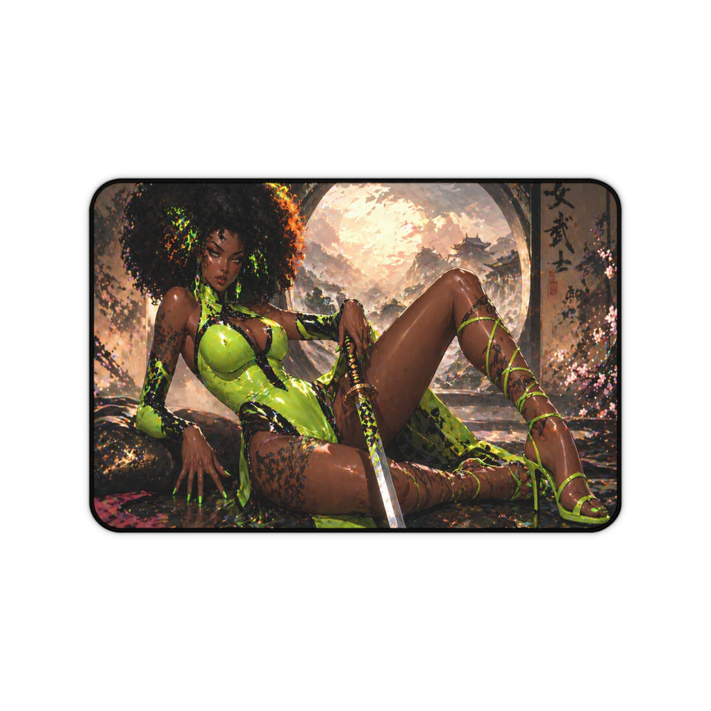 Fantasy Warrior Desk Mat — Green Samurai Swordmaid Gaming Mouse Pad