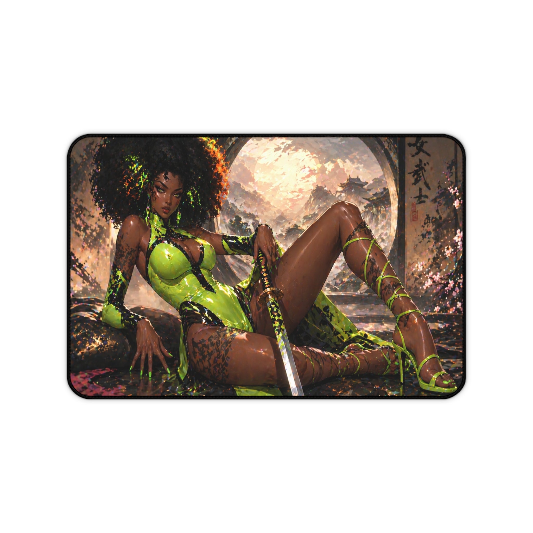 Fantasy Warrior Desk Mat — Green Samurai Swordmaid Gaming Mouse Pad