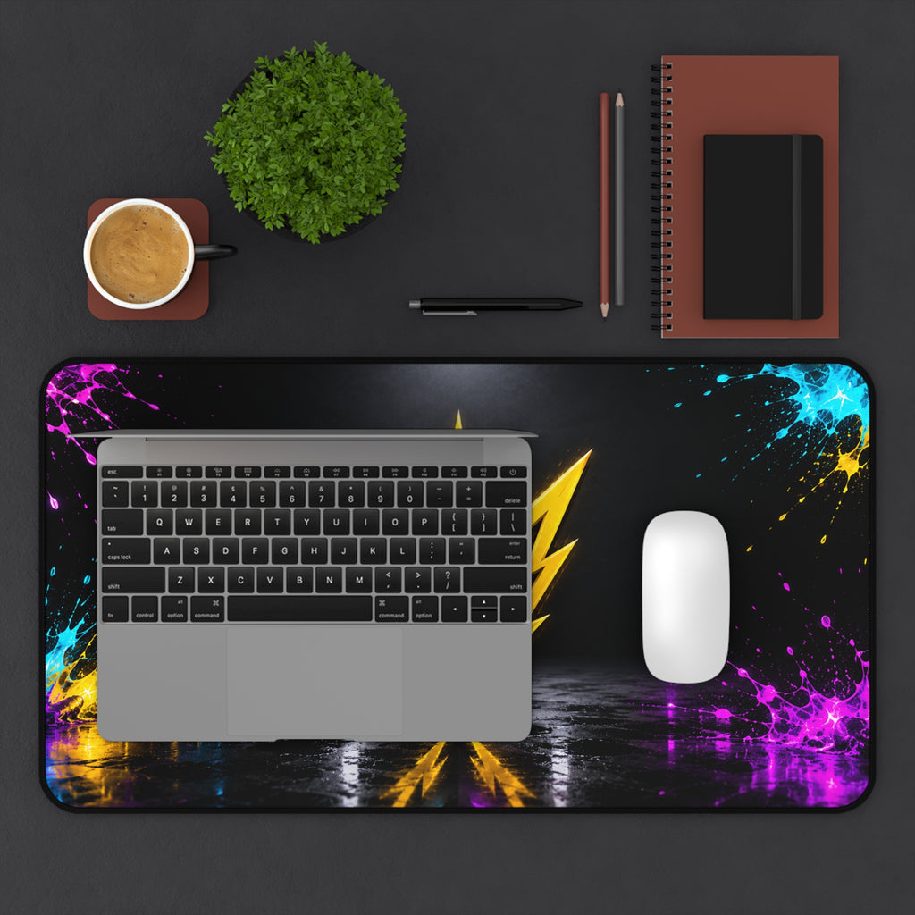 Rebel74 Gaming Desk Mat — Neon Lightning Emblem with Color Splash