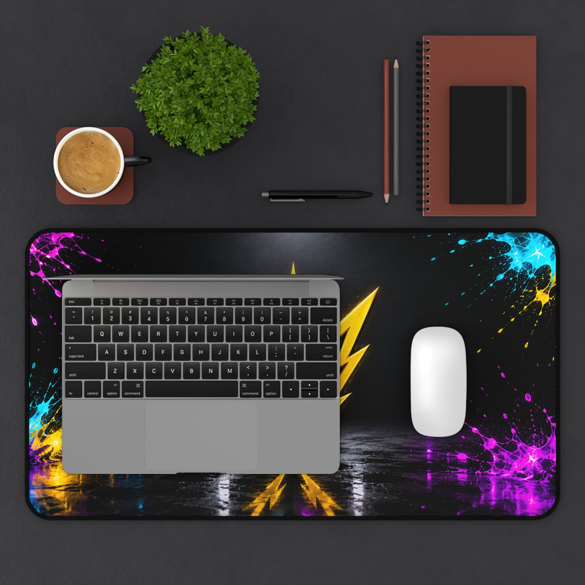 Rebel74 Gaming Desk Mat — Neon Lightning Emblem with Color Splash