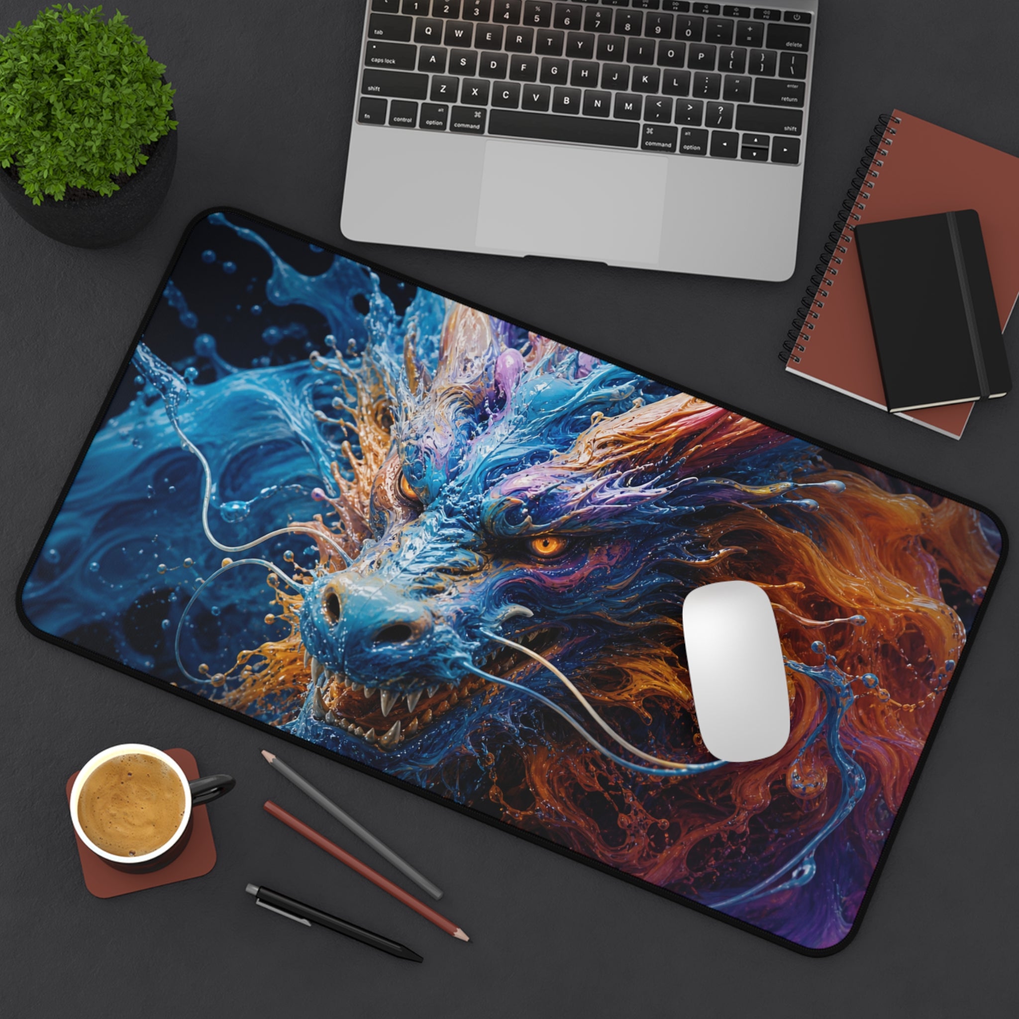 Fiery Blue Dragon Desk Mat — Fantasy Gaming Mouse Pad