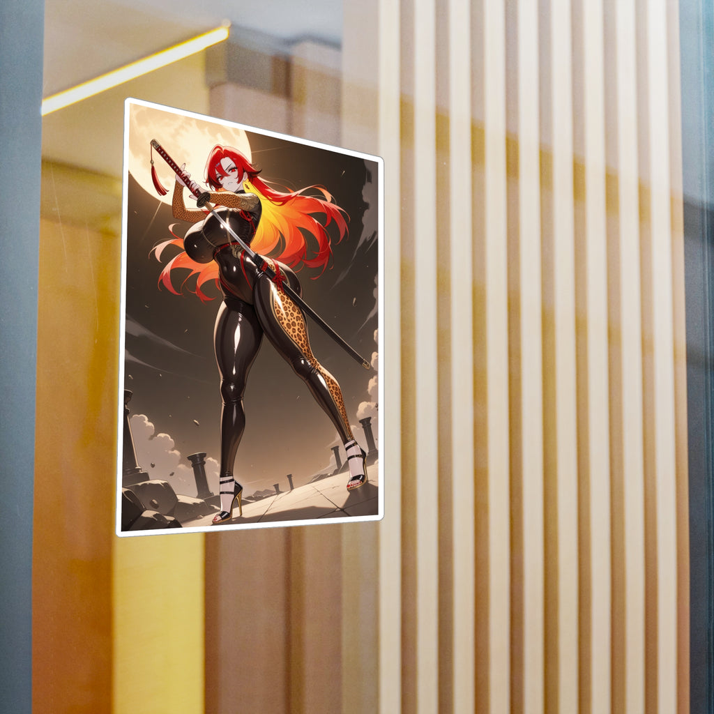 Anime Girl Warrior Vinyl Sticker — Red-Haired Swordfighter Kiss-Cut Decal