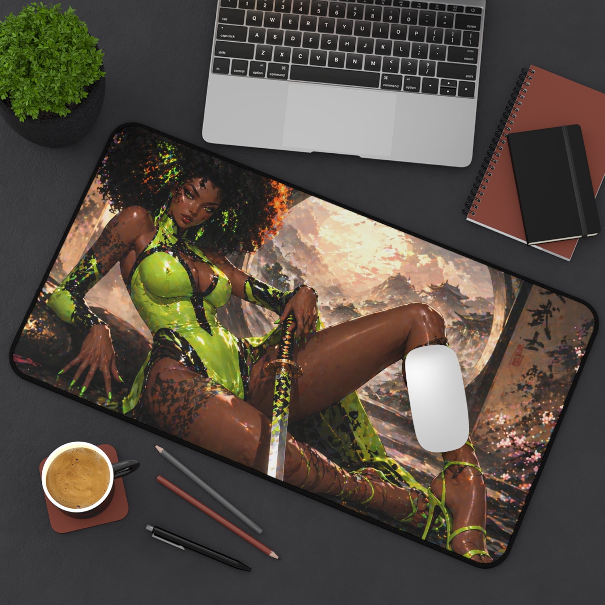 Fantasy Warrior Desk Mat — Green Samurai Swordmaid Gaming Mouse Pad