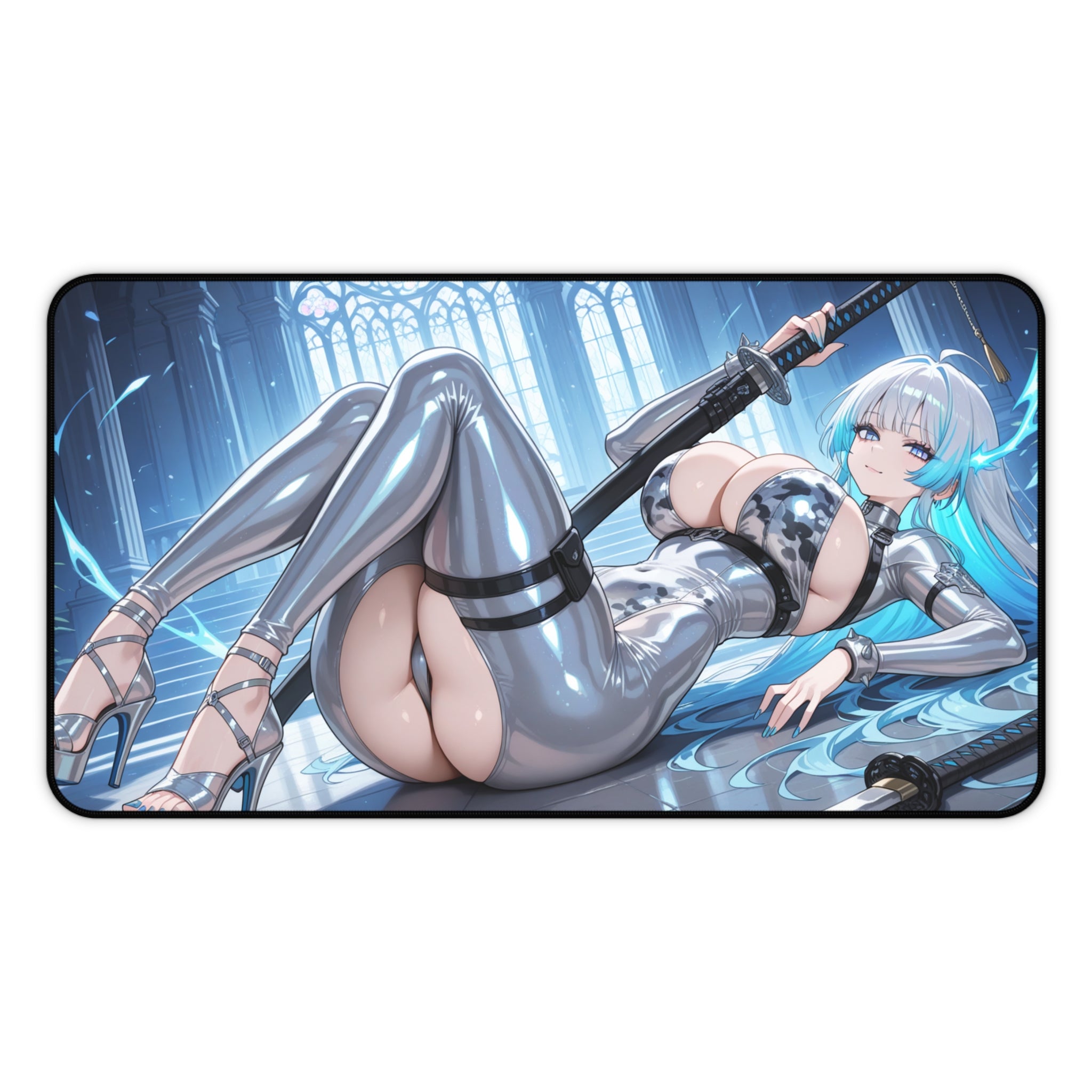 Anime Sword Girl Desk Mat — Sexy Cyber Kunoichi Gaming Mousepad