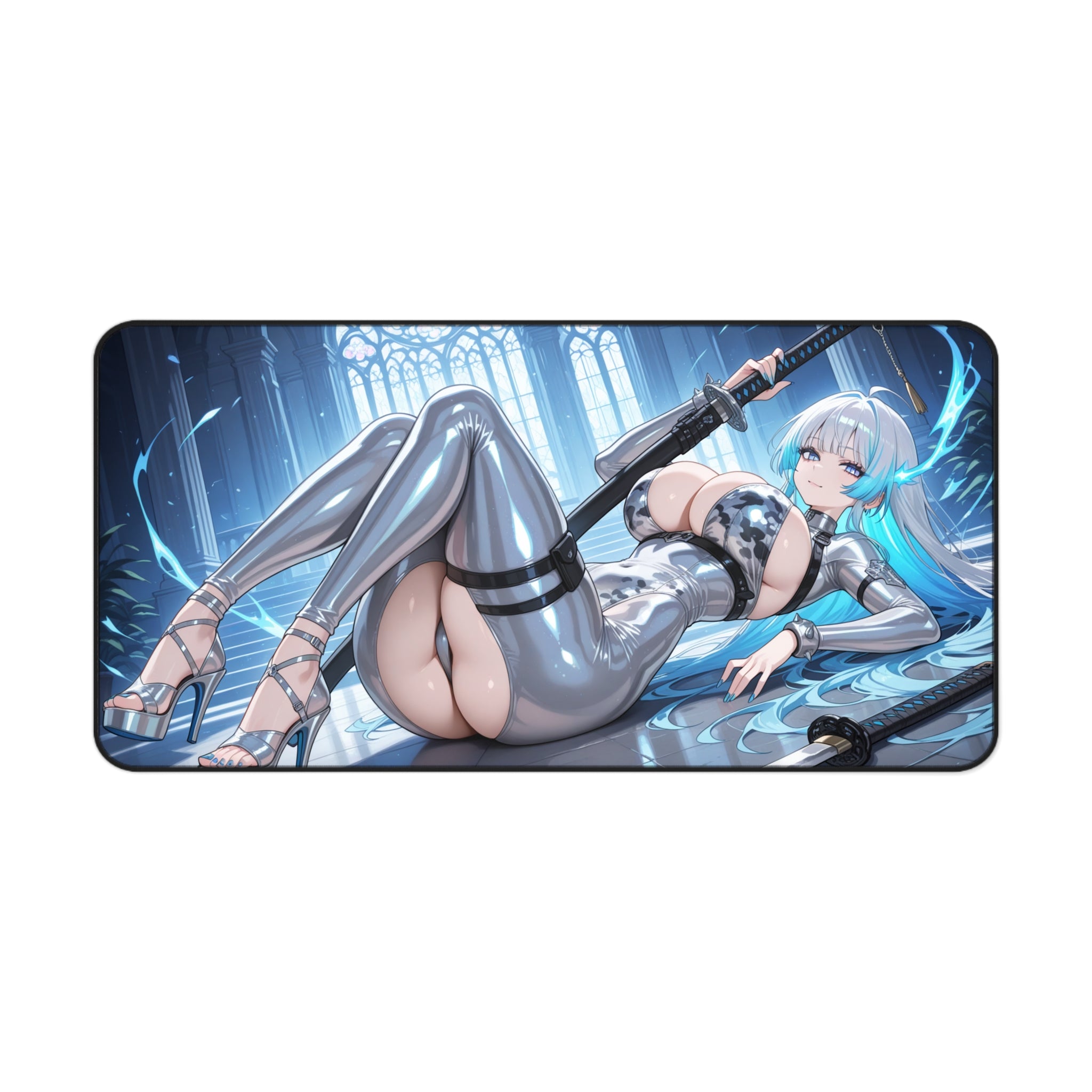 Anime Sword Girl Desk Mat — Sexy Cyber Kunoichi Gaming Mousepad