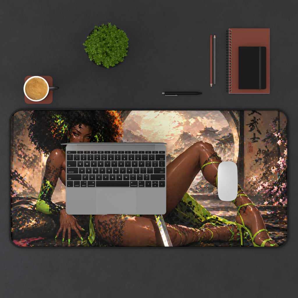 Fantasy Warrior Desk Mat — Green Samurai Swordmaid Gaming Mouse Pad