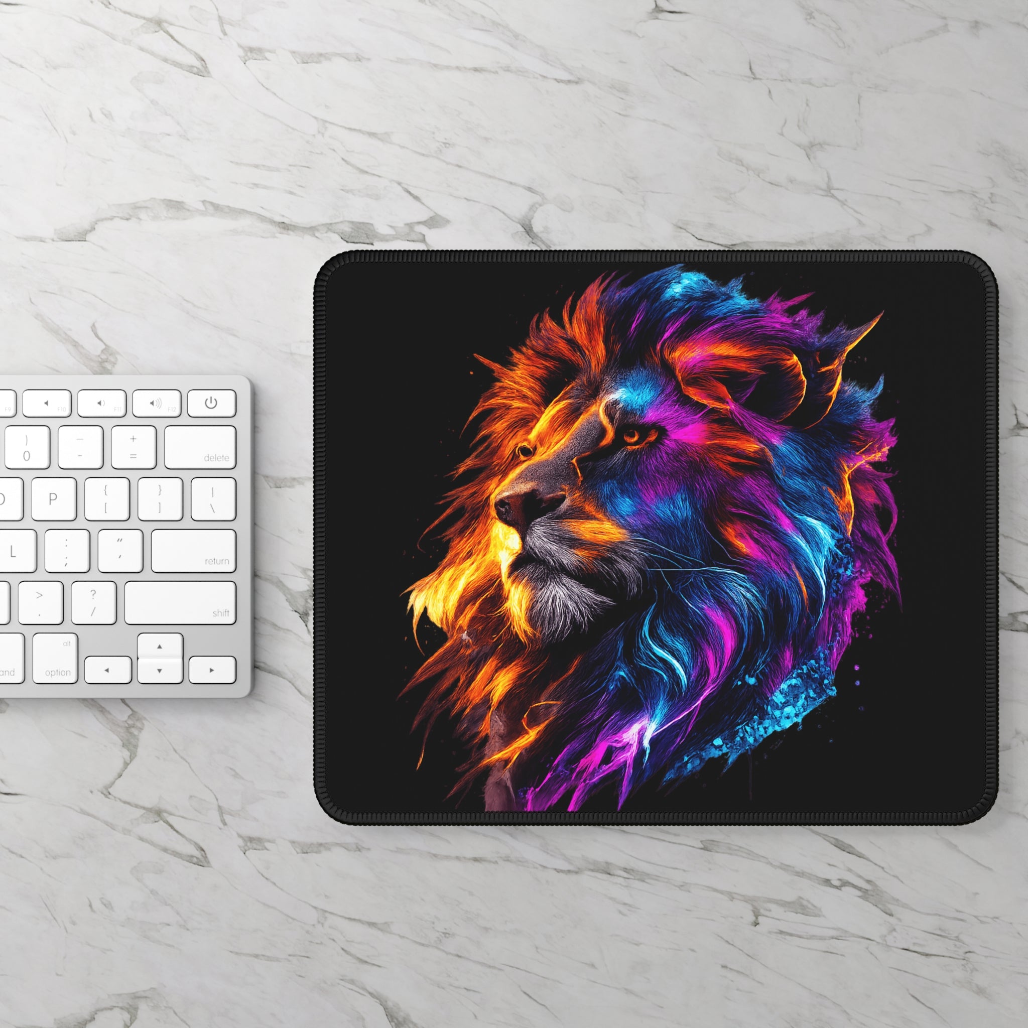 Neon Lion Gaming Mouse Pad — Vibrant RGB Art Desk Mat for Gamers