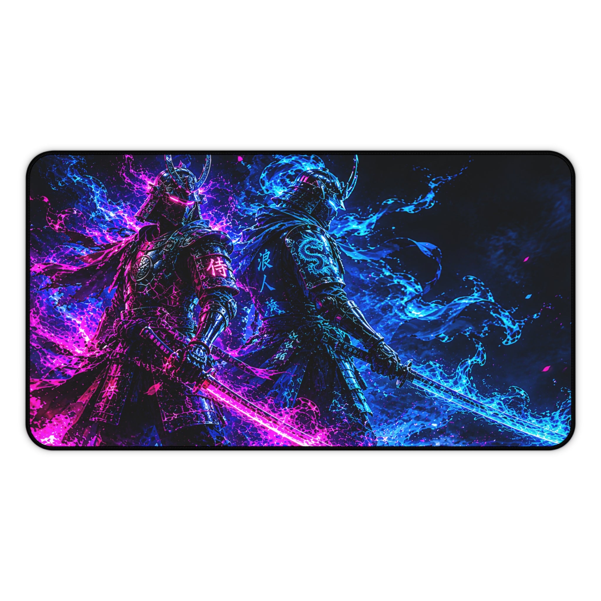 Neon Samurai Desk Mat – Blue & Pink Vaporwave Gaming Mouse Pad