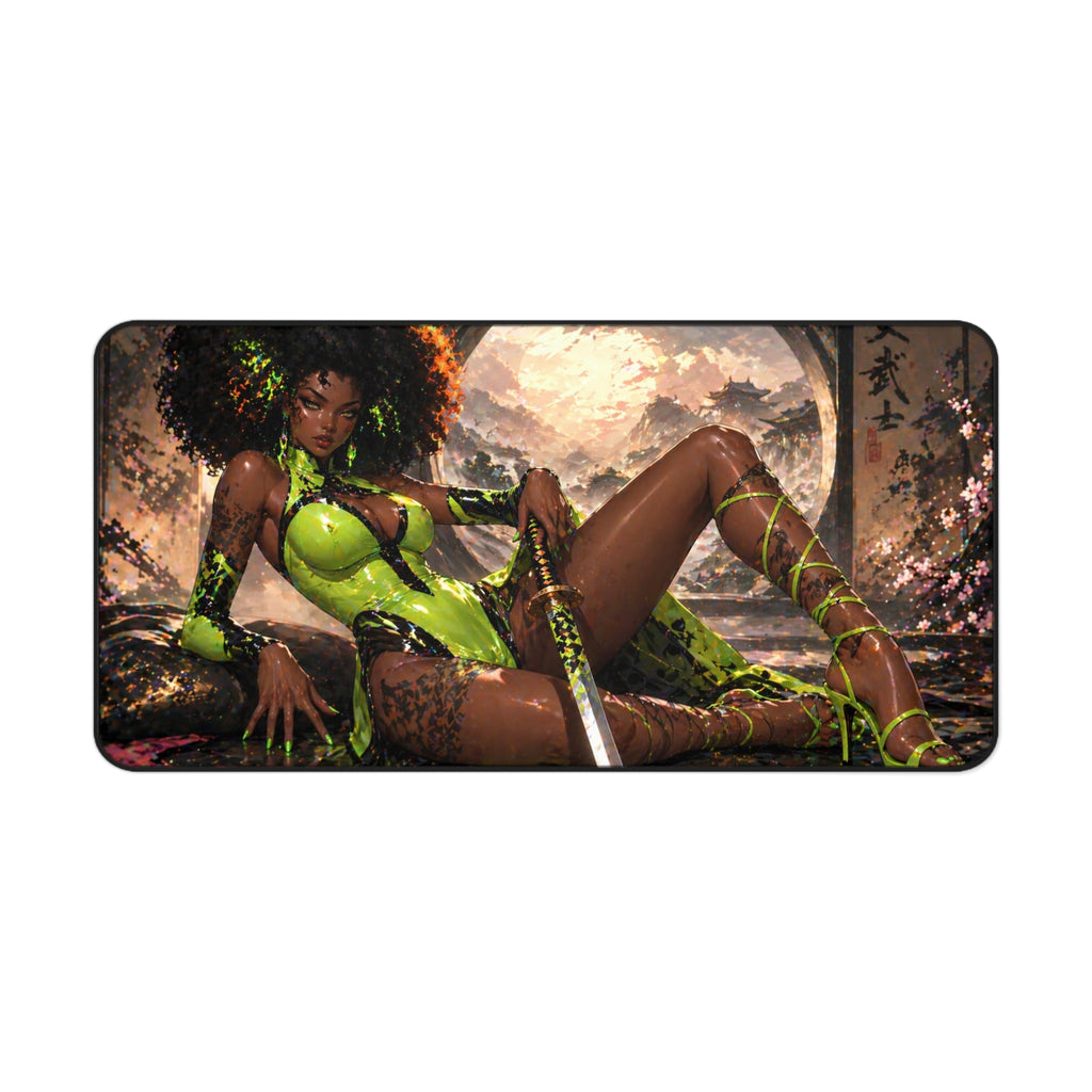 Fantasy Warrior Desk Mat — Green Samurai Swordmaid Gaming Mouse Pad