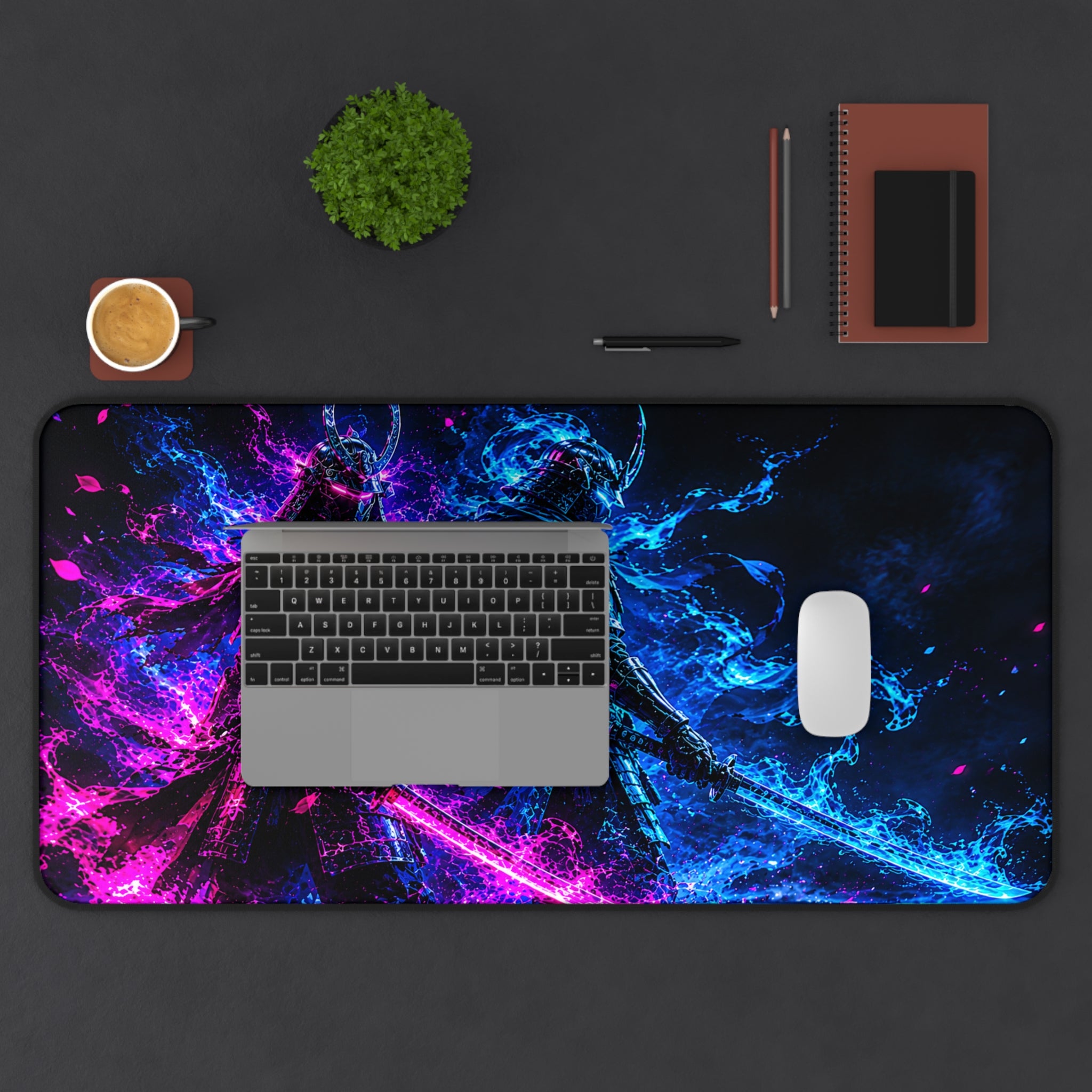 Neon Samurai Desk Mat – Blue & Pink Vaporwave Gaming Mouse Pad
