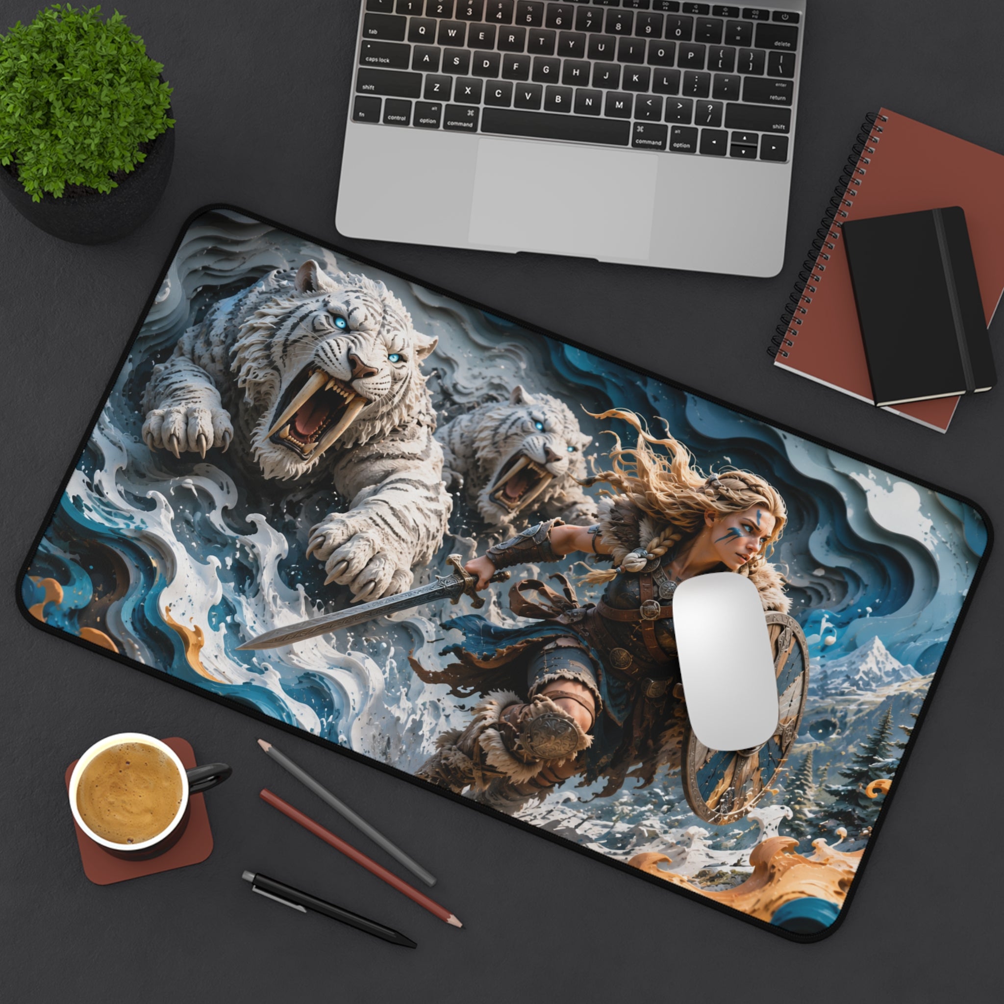 Nordic Warrior Anime Gaming Mouse Pad - Viking Shieldmaiden & White Tigers Desk Mat