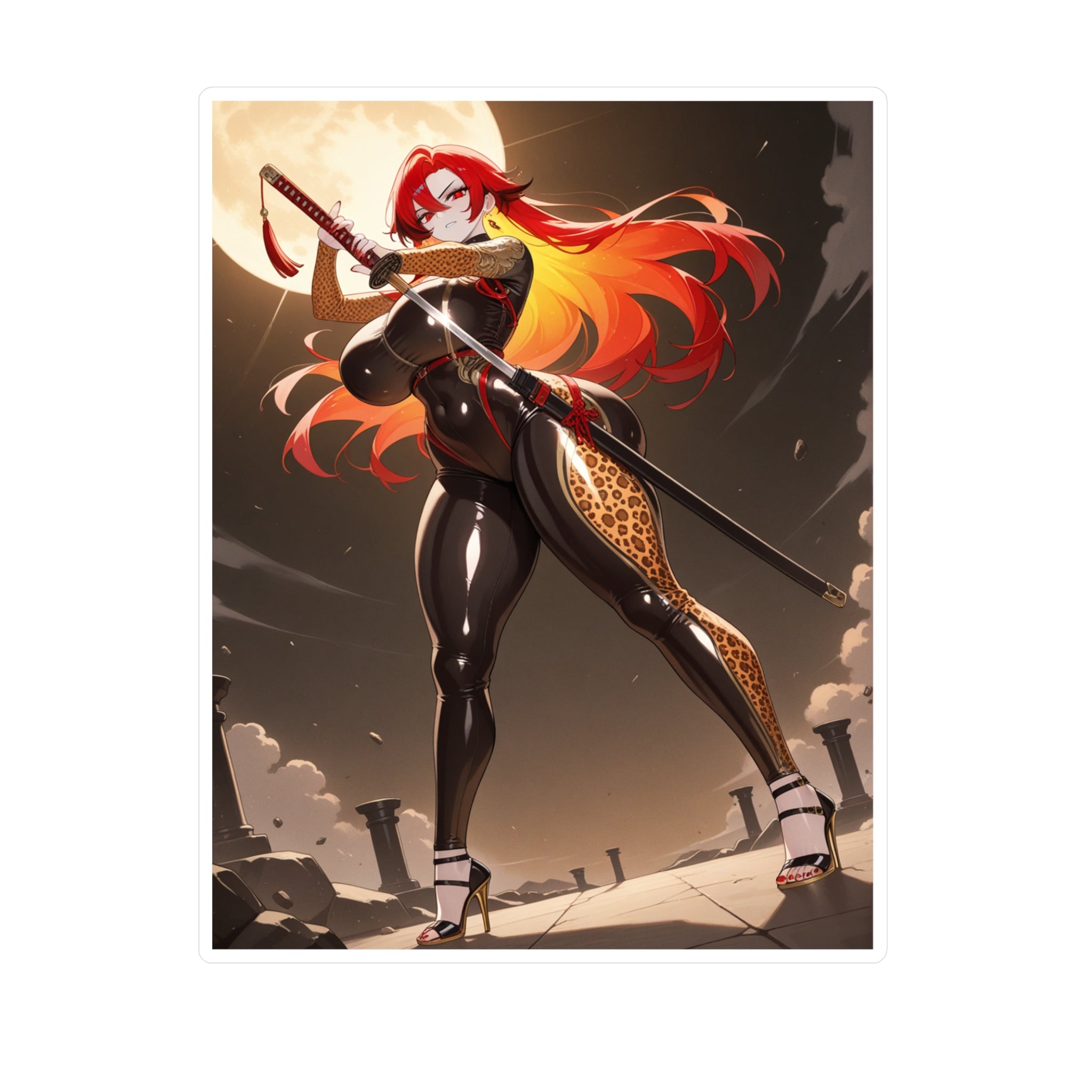 Anime Girl Warrior Vinyl Sticker — Red-Haired Swordfighter Kiss-Cut Decal