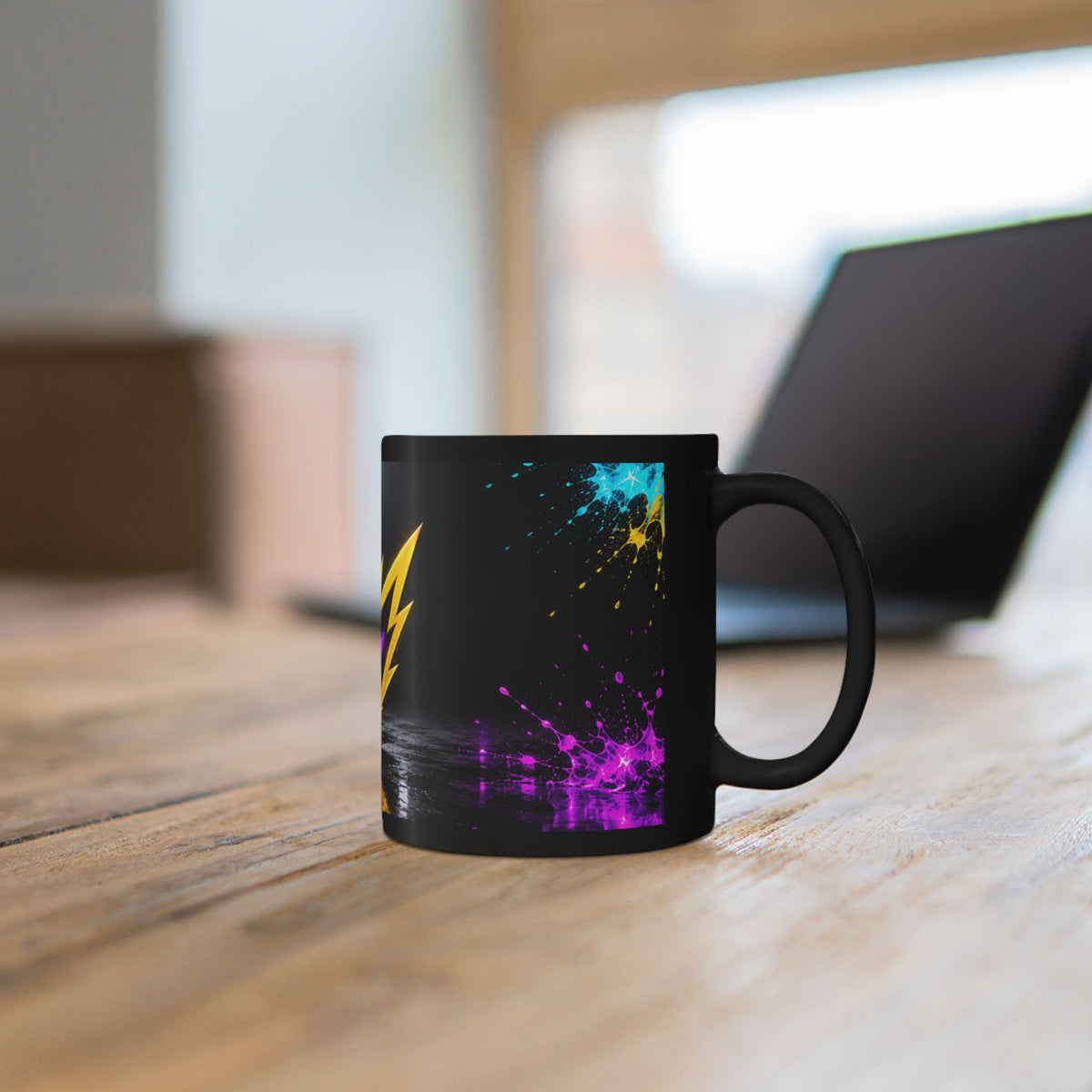 Rebel74 Emblem Black Mug - Neon Lightning Splash Cup
