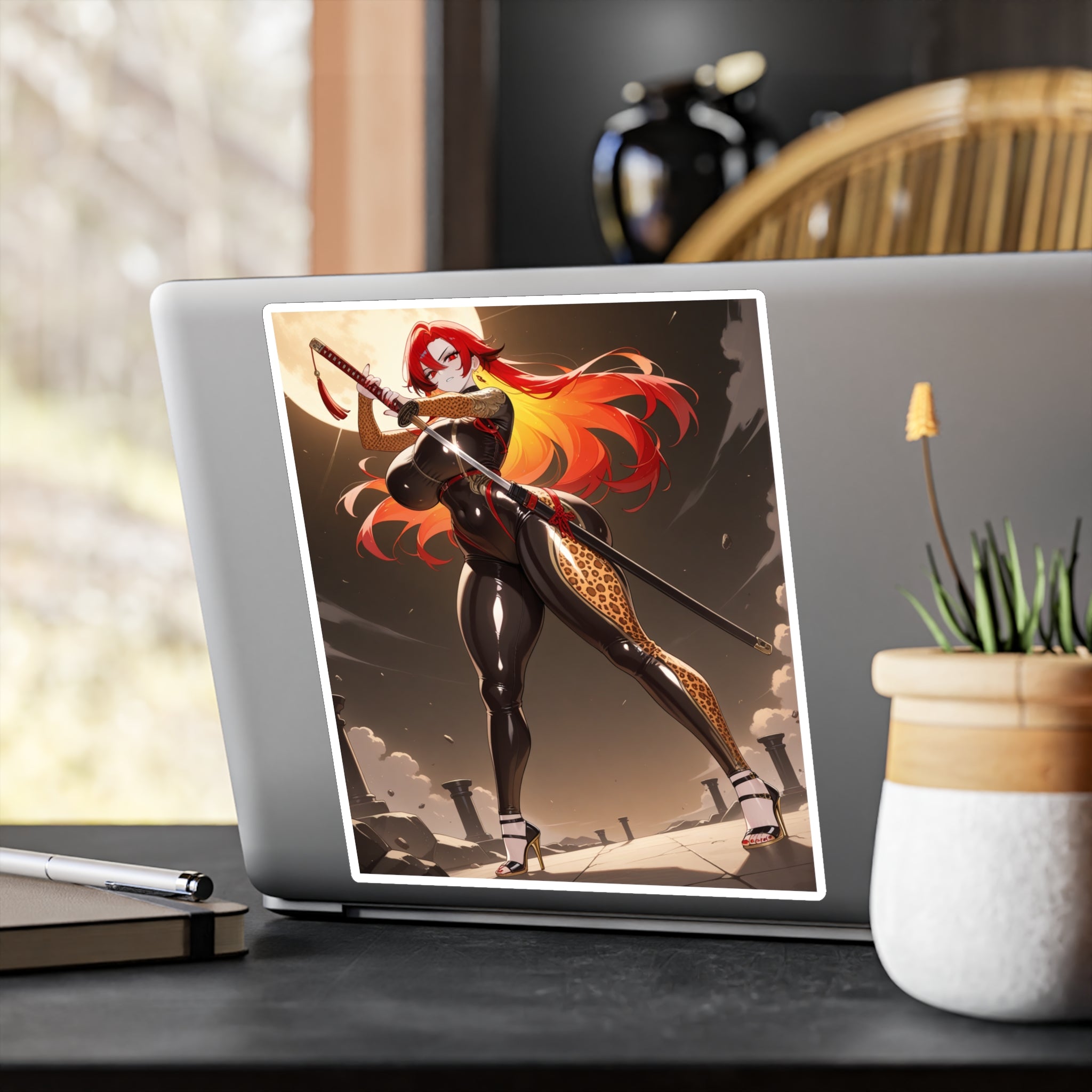 Anime Girl Warrior Vinyl Sticker — Red-Haired Swordfighter Kiss-Cut Decal